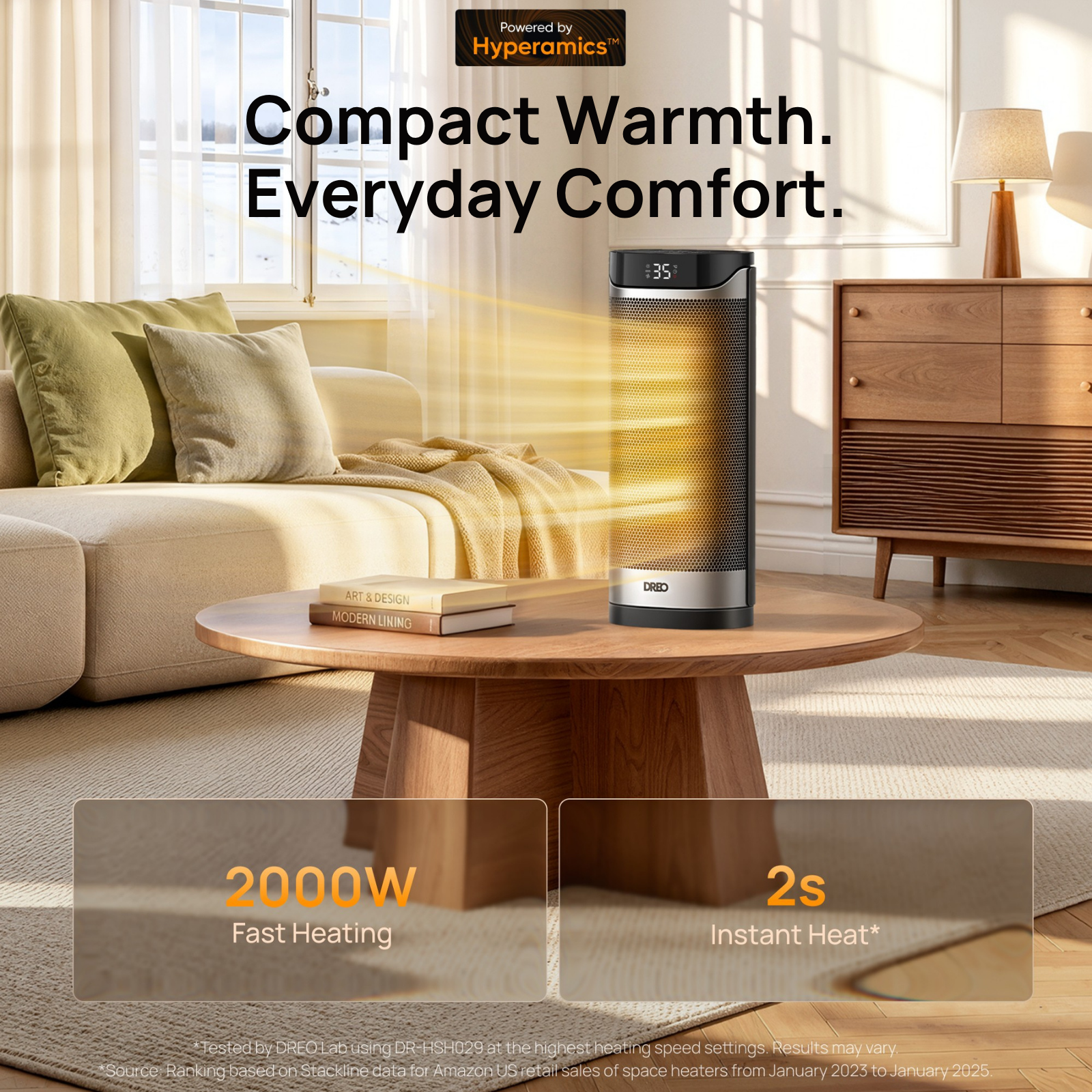 A modern tower heater on a wooden coffee table in a bright living room, radiating warm glowing air.
