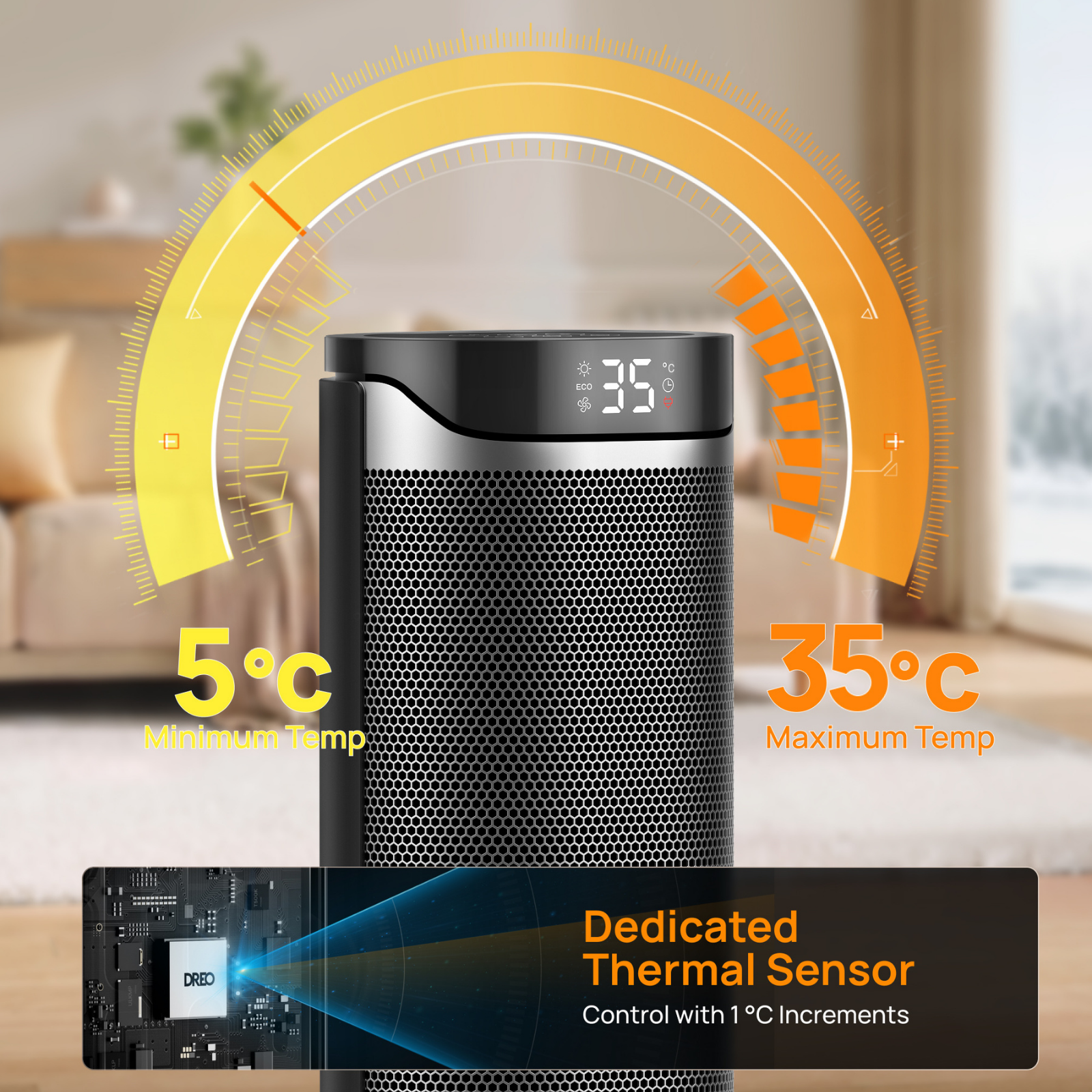 A cylindrical space heater displays 35°C, framed by a temperature scale from 5°C to 35°C.