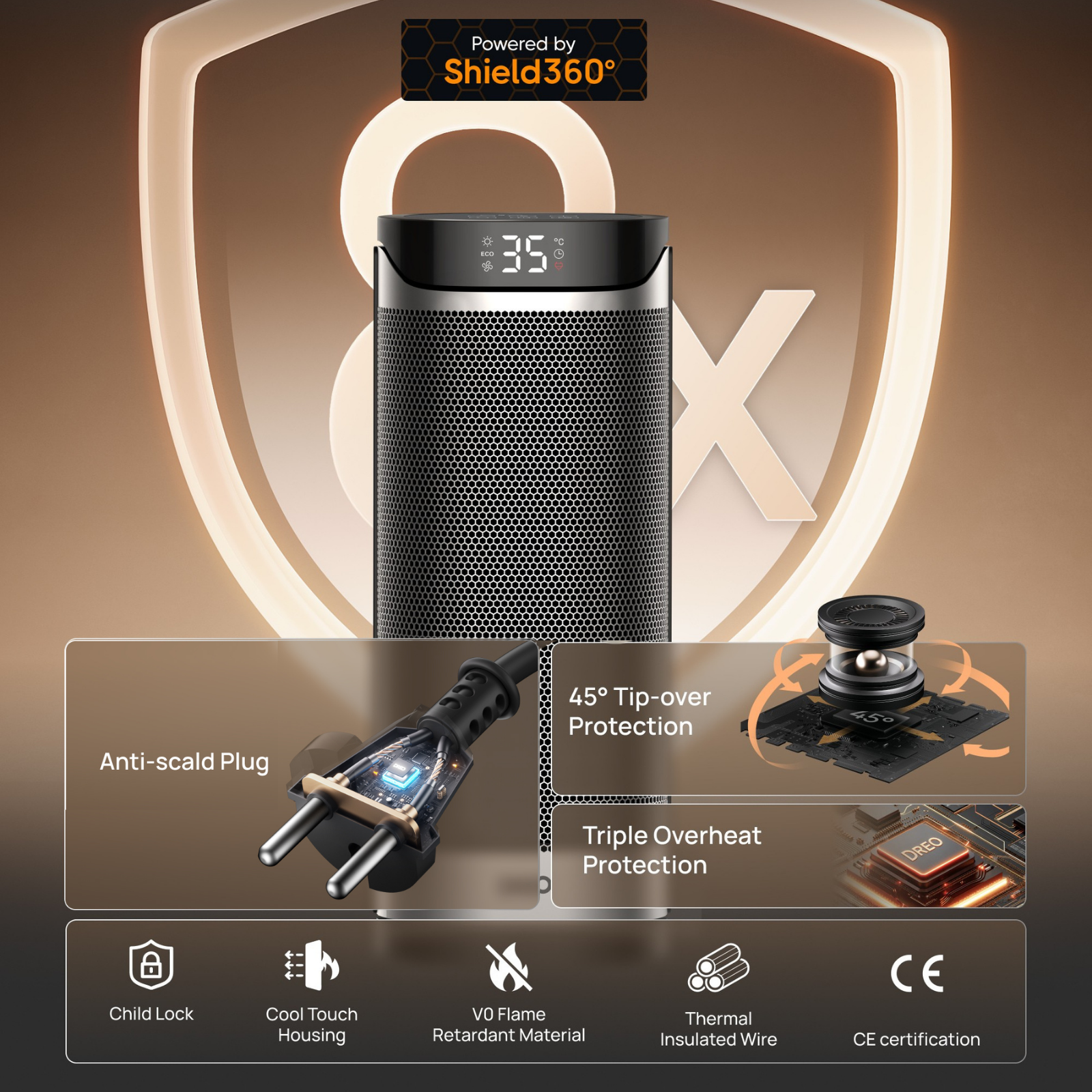 Tower space heater with digital display and safety features including tip-over protection, child lock, and CE certification.