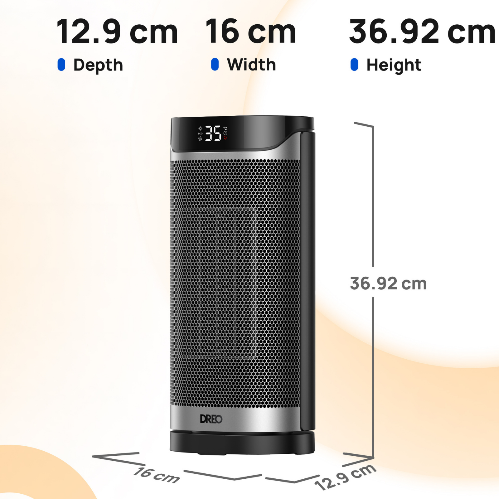 A black and silver Dreo tower heater showing dimensions: 12.9 cm depth, 16 cm width, and 36.92 cm height.