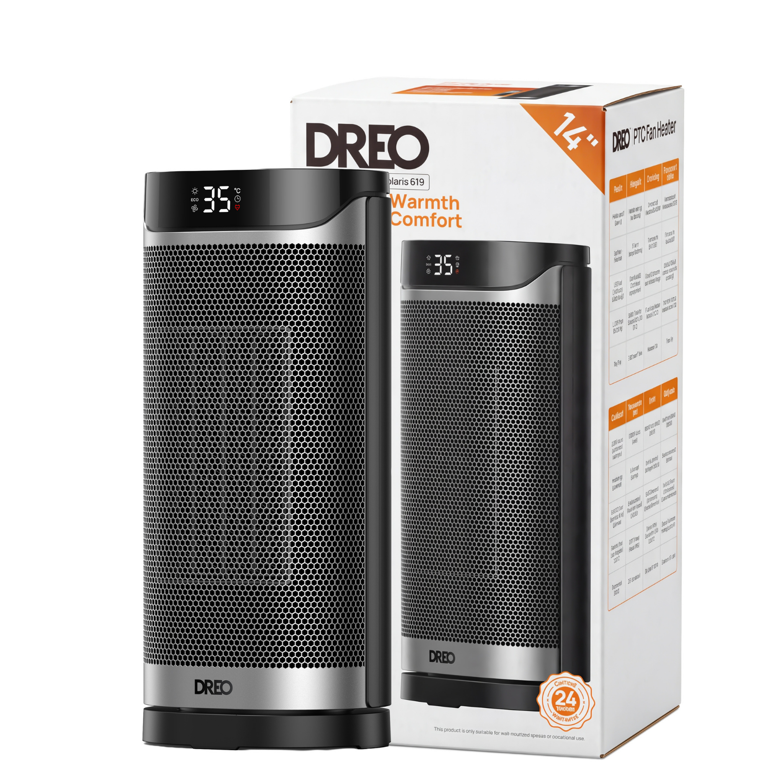 Dreo tower fan heater in silver and black with a digital temperature display, standing in front of its product box.