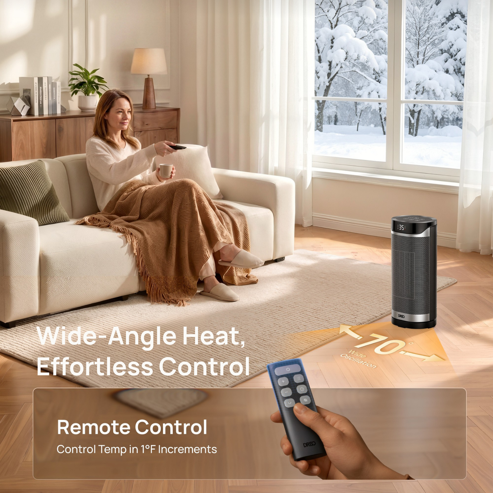 Woman on sofa holding remote before snowy window, with space heater in room.