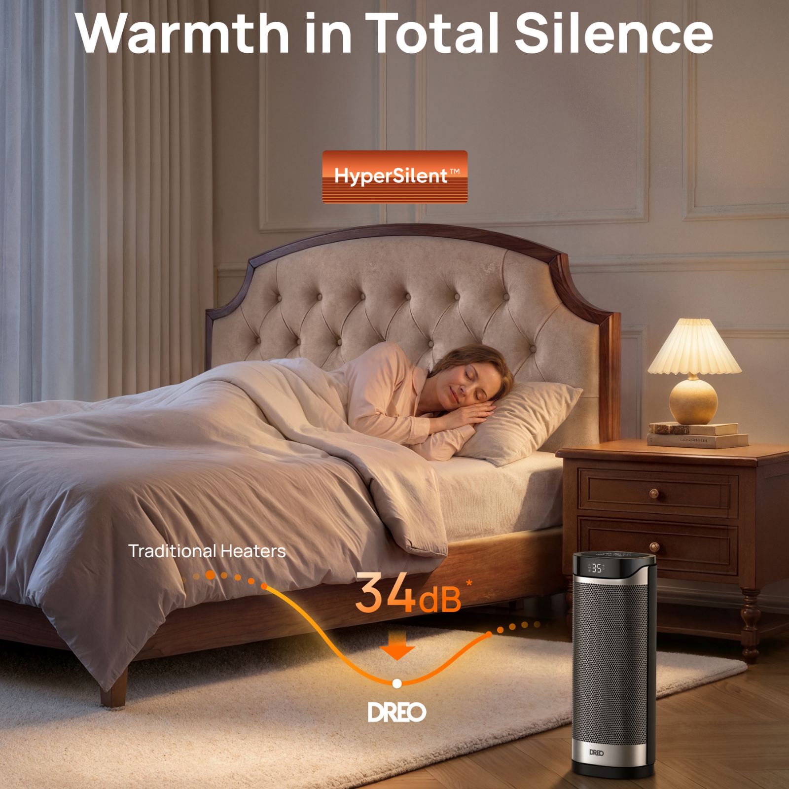 A quiet bedroom with a sleeping woman in bed and a Dreio space heater on the floor.