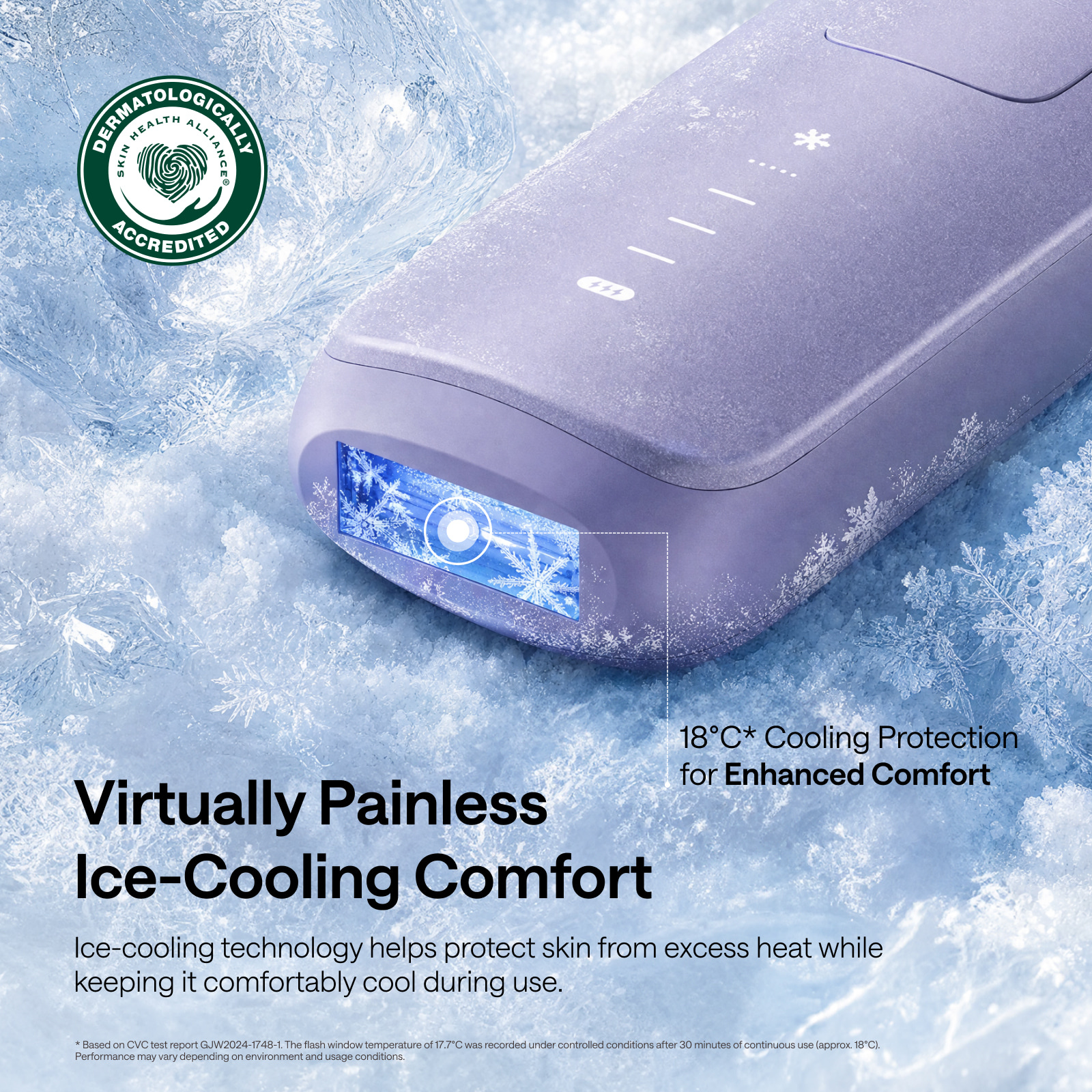 Een paars ontharingsapparaat op ijs met de tekst Virtually Painless Ice-Cooling Comfort.