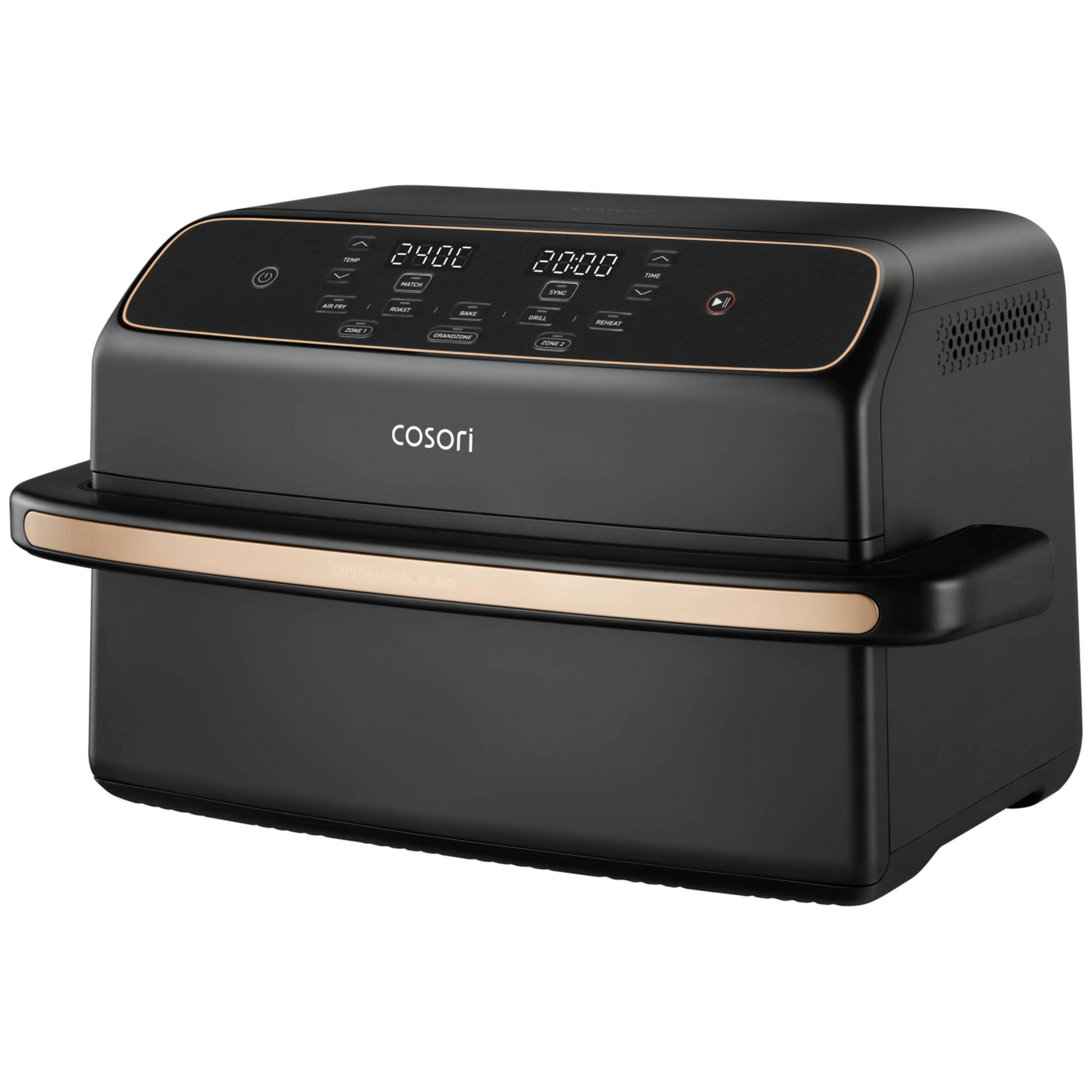 A black Cosori dual-zone air fryer with a digital control panel and rose gold accents.