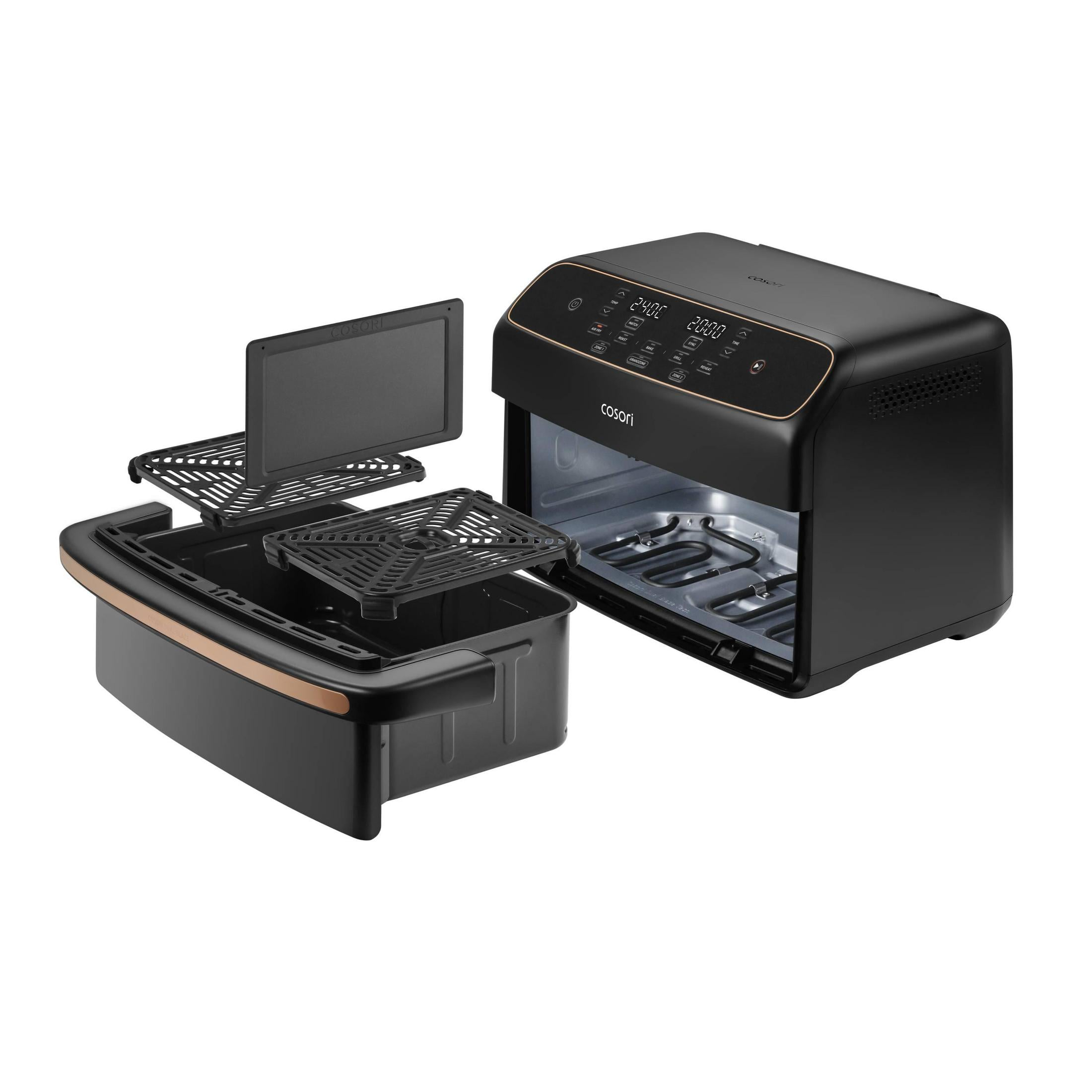 Black Cosori air fryer with open basket and accessories displayed on a white background.