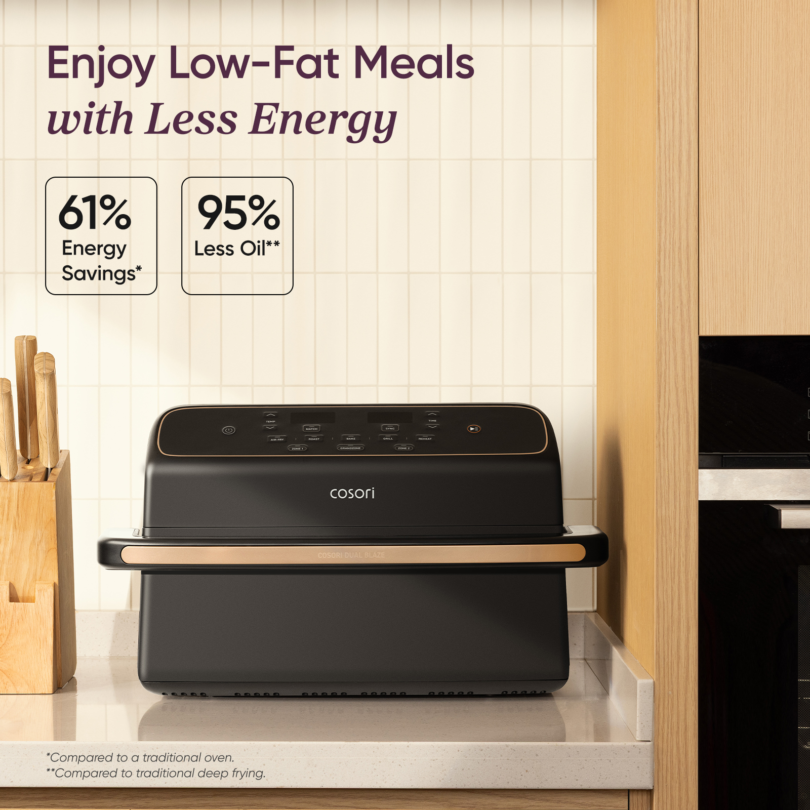 Black Cosori air fryer on a kitchen counter with text highlighting energy and oil savings.