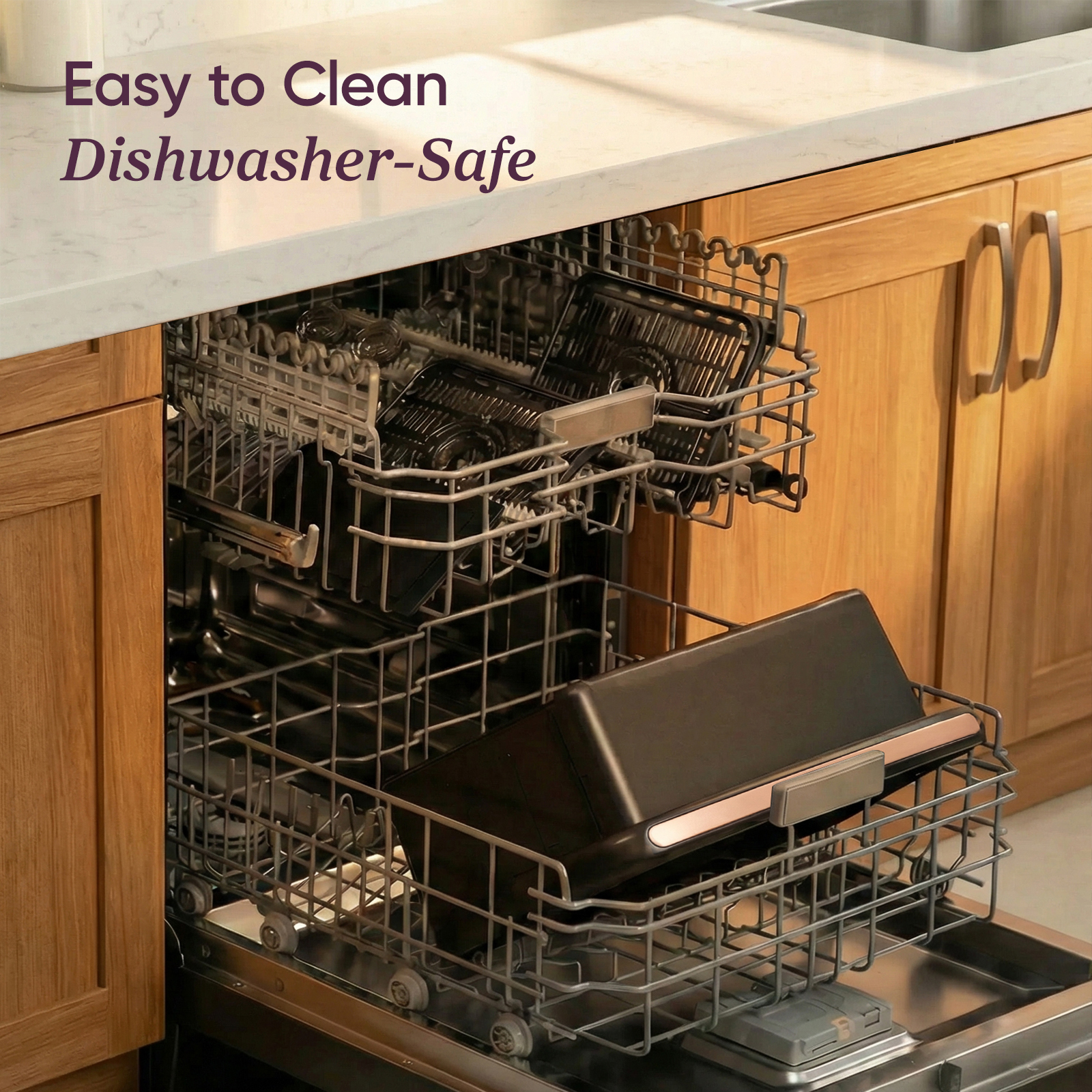 An open dishwasher in a wooden kitchen, loaded with kitchen utensils and text.