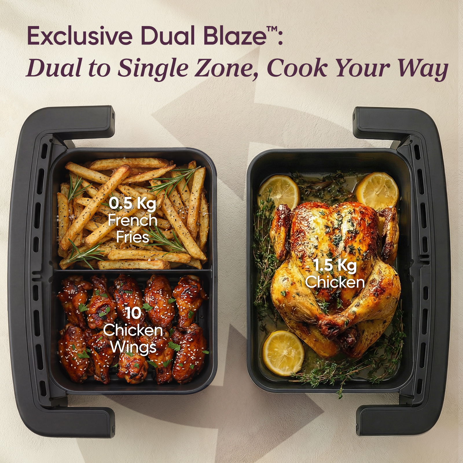 Dual air fryer basket showing french fries, chicken wings, and a whole chicken.