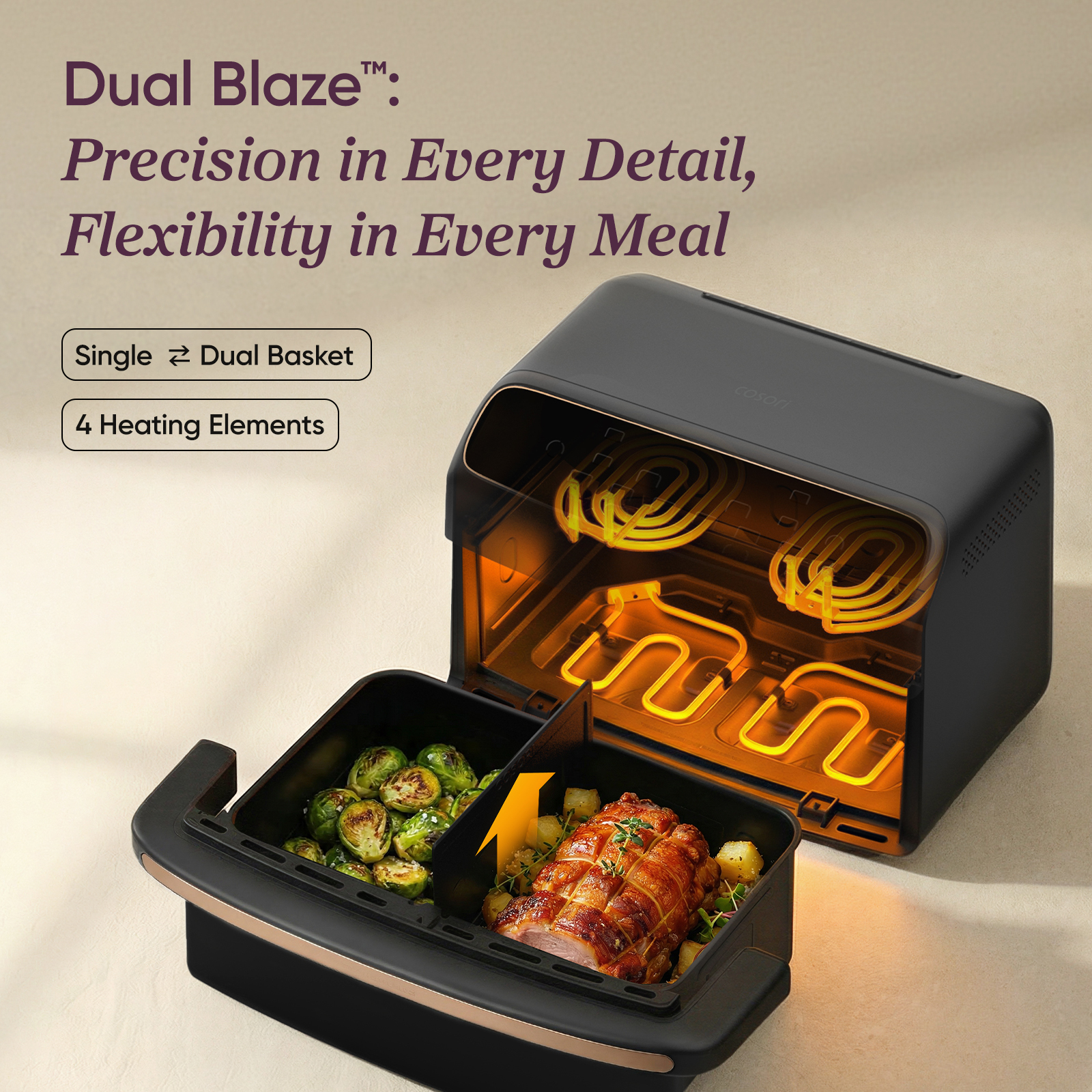 Black air fryer with open basket showing brussels sprouts and meat, glowing heating elements inside.
