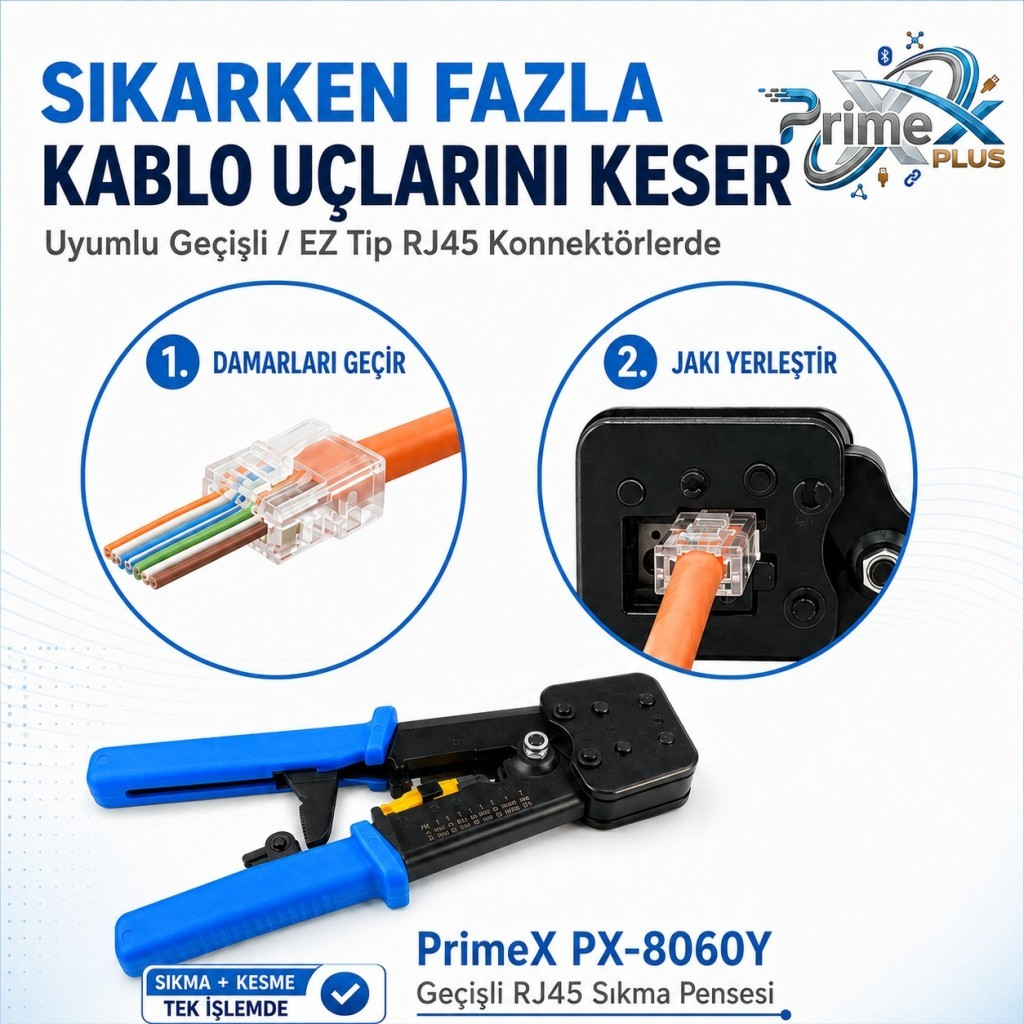 PrimeX PX-8060Y RJ45 sıkma pensesi, iki adımı gösterir: damarları geçirme ve jeki yerleştirme.