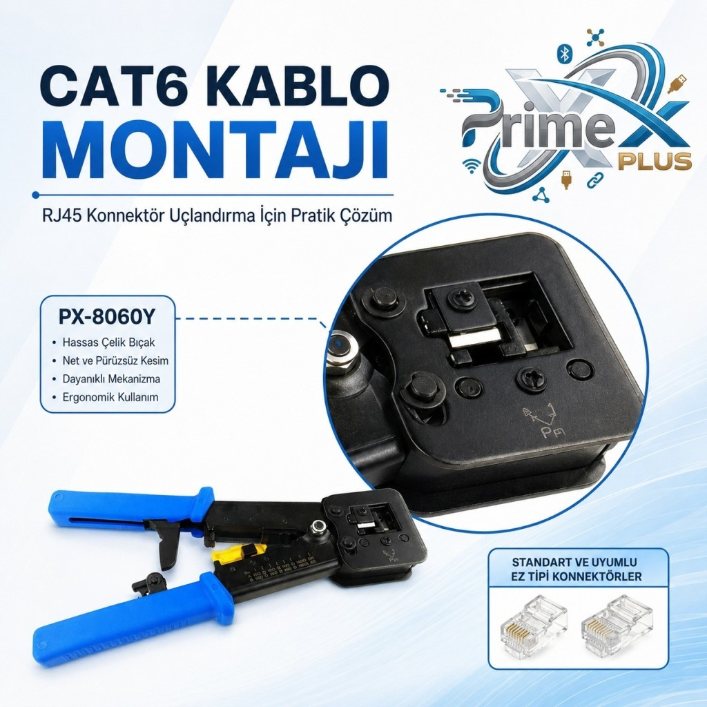Kafa detayı ve RJ45 konnektörleriyle mavi CAT6 kablo sıkma pensesi.