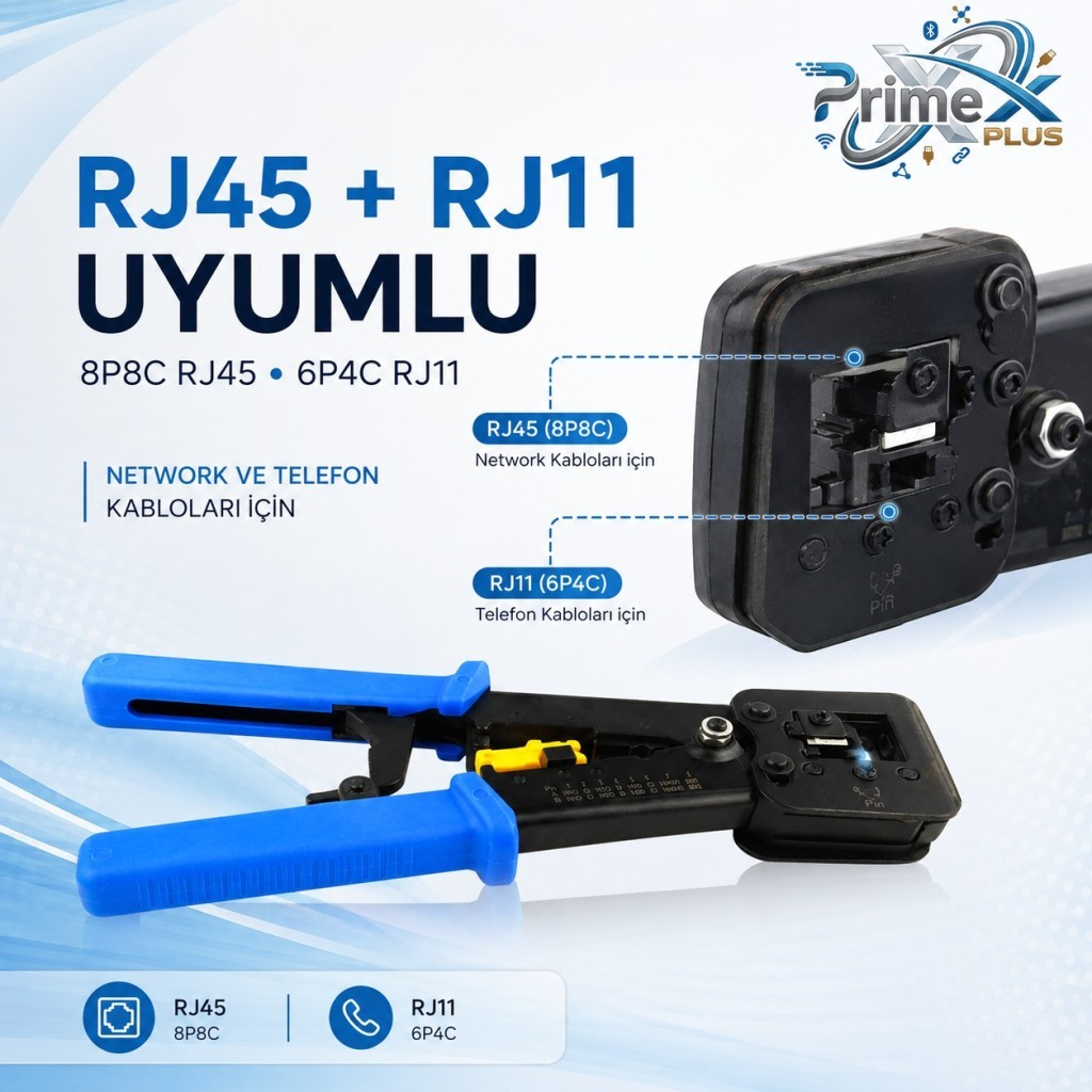 Açık arka planda RJ45 ve RJ11 kablolar için mavi sıkma pensesi.