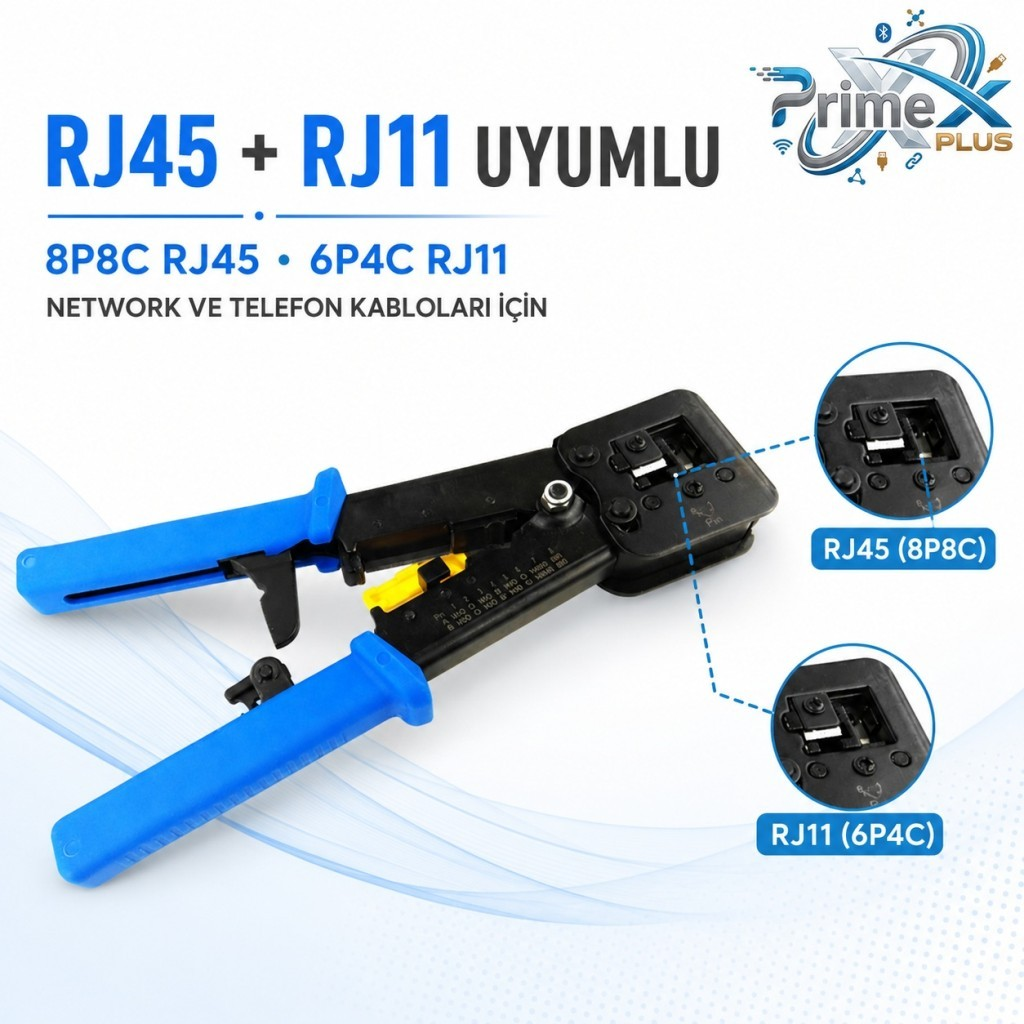 RJ45 ve RJ11 kablolar için siyah ve mavi renkli sıkma aleti, konektör yuvalarının detay görünümleriyle.