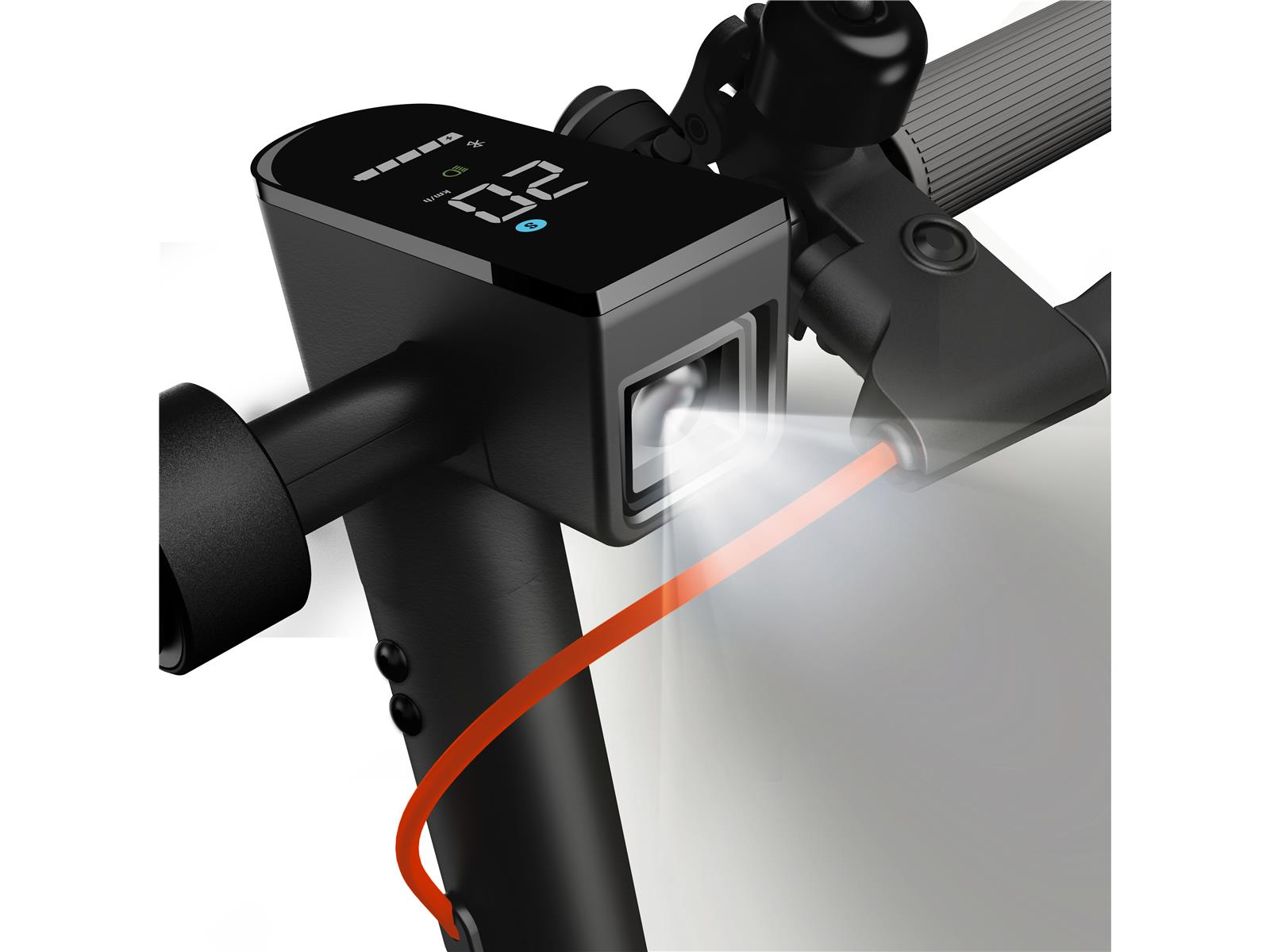 Lenker eines E-Scooters mit Digitaldisplay und eingeschaltetem Frontlicht.