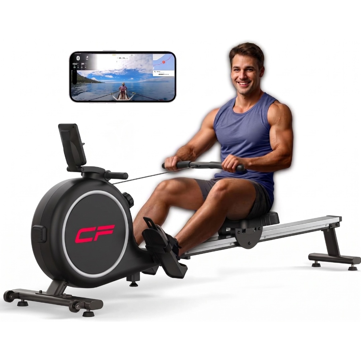 Un hombre sonriente en ropa deportiva entrena en una máquina de remo negra, con una app de remo en el teléfono.