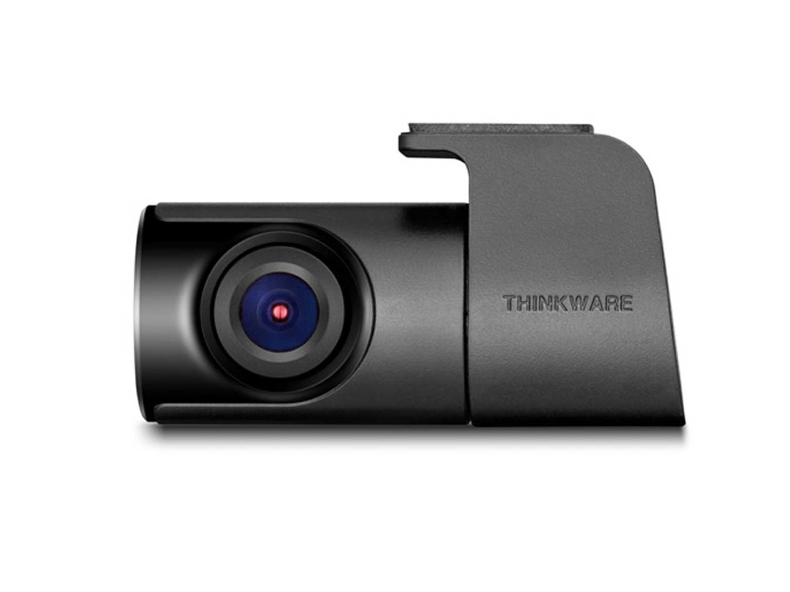 Eine schwarze Thinkware-Dashcam mit sichtbarem Objektiv und Halterung vor weißem Hintergrund.