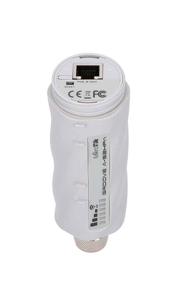 Biały router MikroTik Groove A-52HPn z portem ethernet na białym tle.
