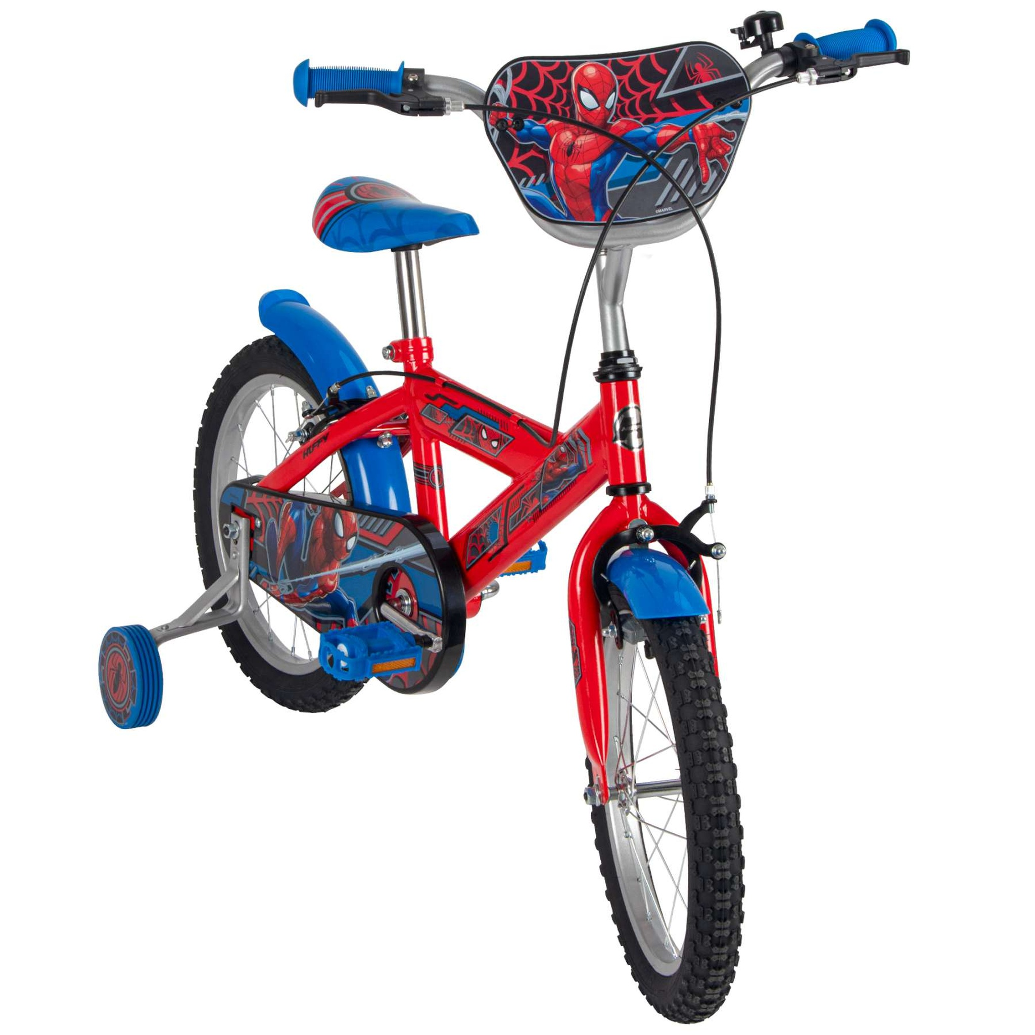 Ein rotes und blaues Kinderfahrrad mit Spider-Man-Motiven, blauen Griffen, Schutzblechen und abnehmbaren Stützrädern.
