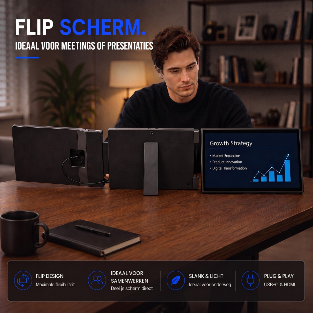 Een man zit aan een houten bureau met drie verbonden monitoren die groeistrategieën tonen.