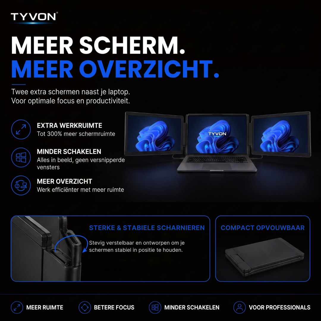 Laptop met twee extra schermen voor meer werkruimte en productiviteit.