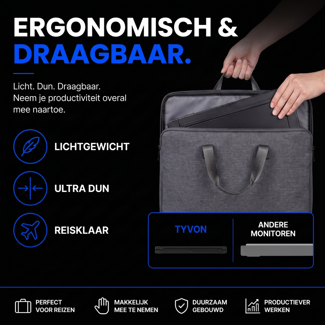 Een grijze laptophoes met handvatten, die kenmerken zoals lichtgewicht en reisklaar promoot.
