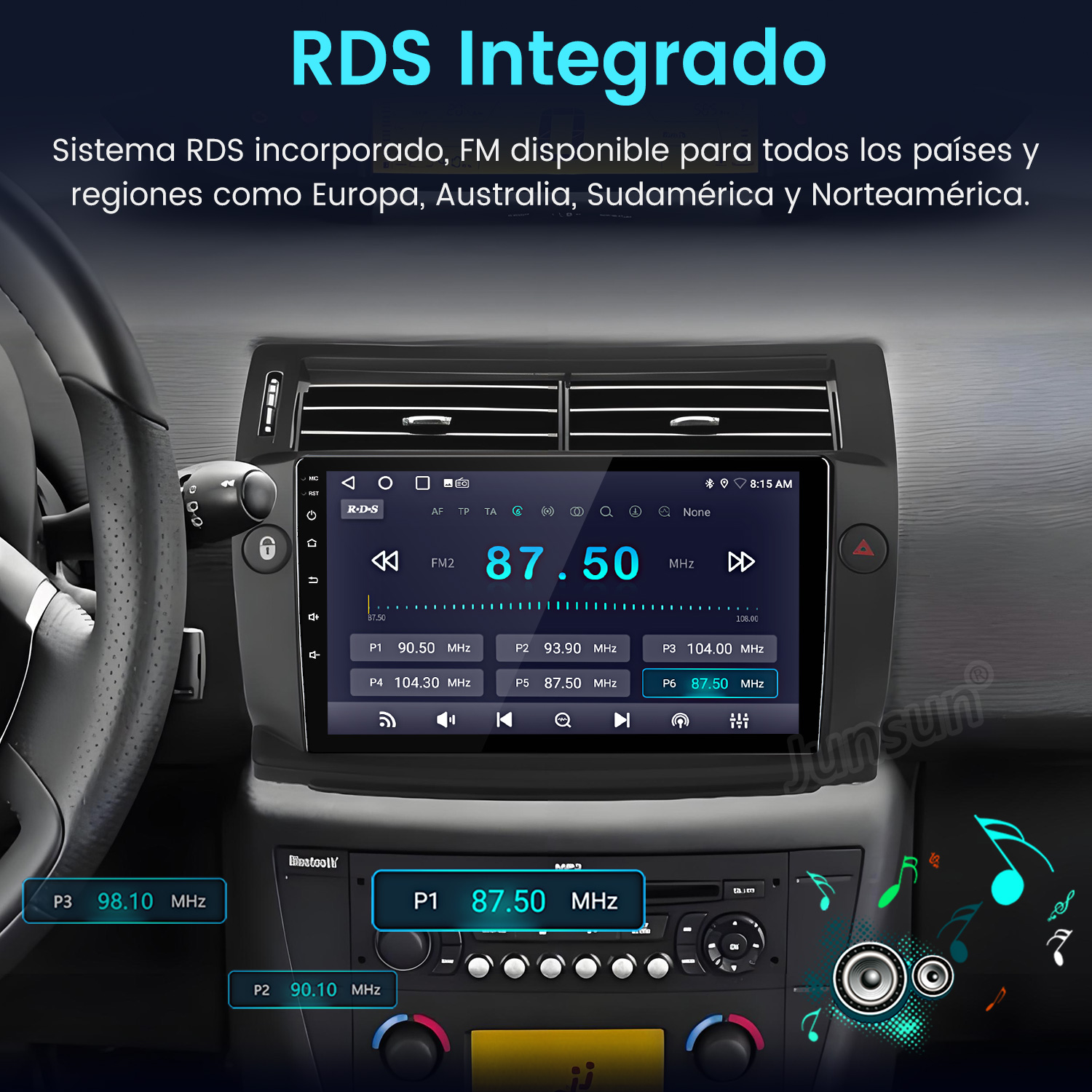 Un salpicadero de coche con pantalla multimedia digital que muestra la frecuencia de radio 87,50 MHz.