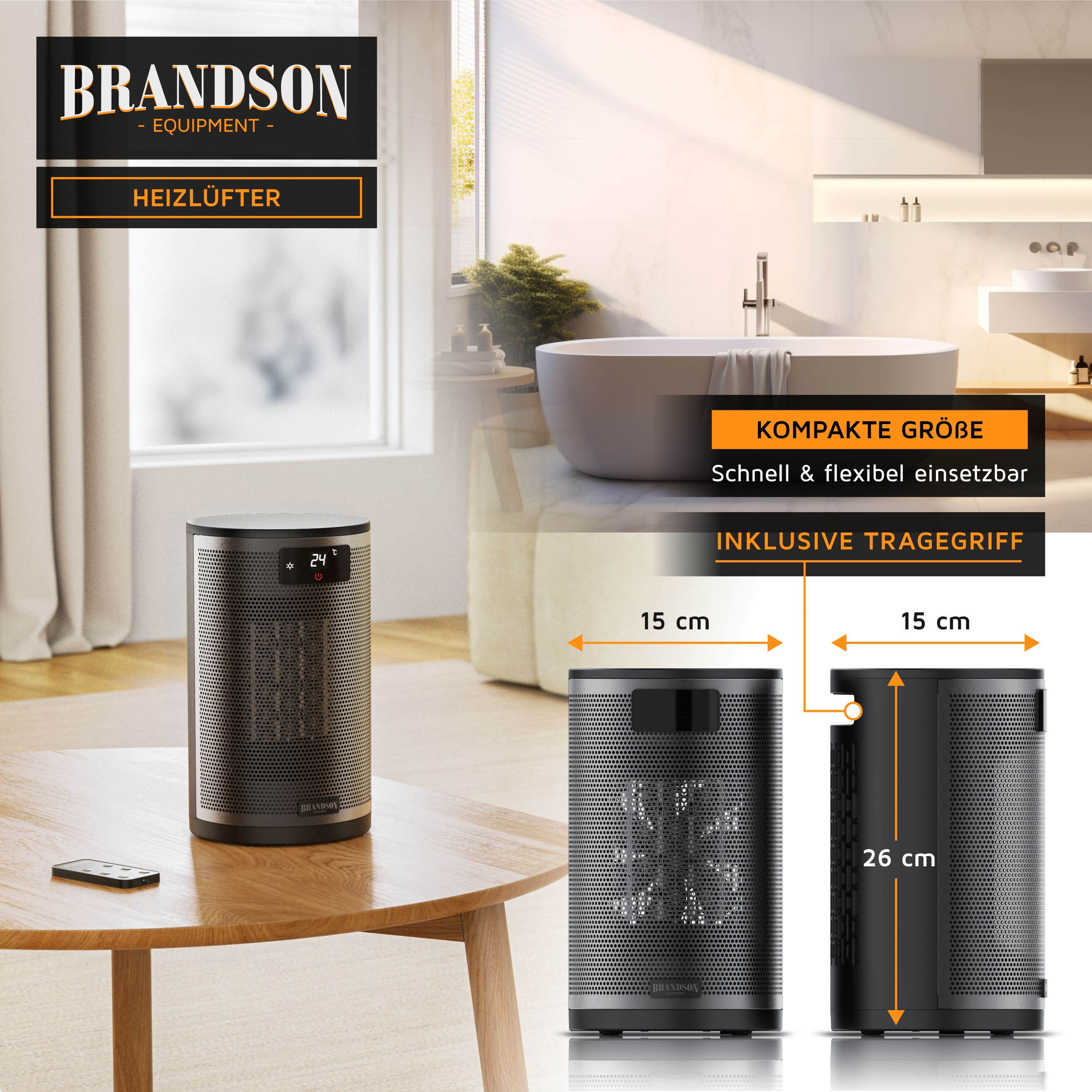 Schwarzer Brandson Heizlüfter auf einem Tisch, mit Maßen und Badezimmer im Hintergrund.