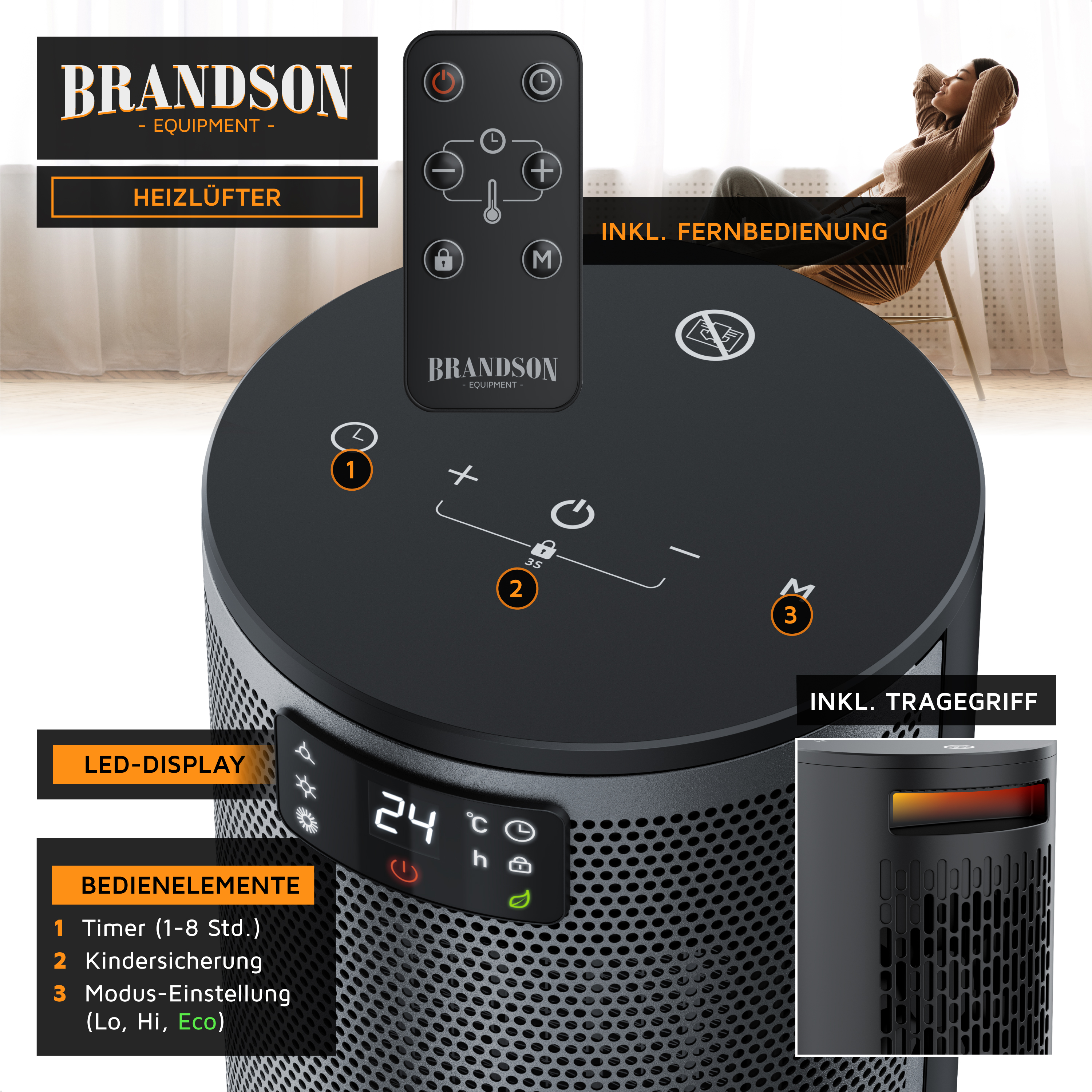 Brandson Heizlüfter mit LED-Display, Fernbedienung und Tragegriff in einem modernen Wohnzimmer.