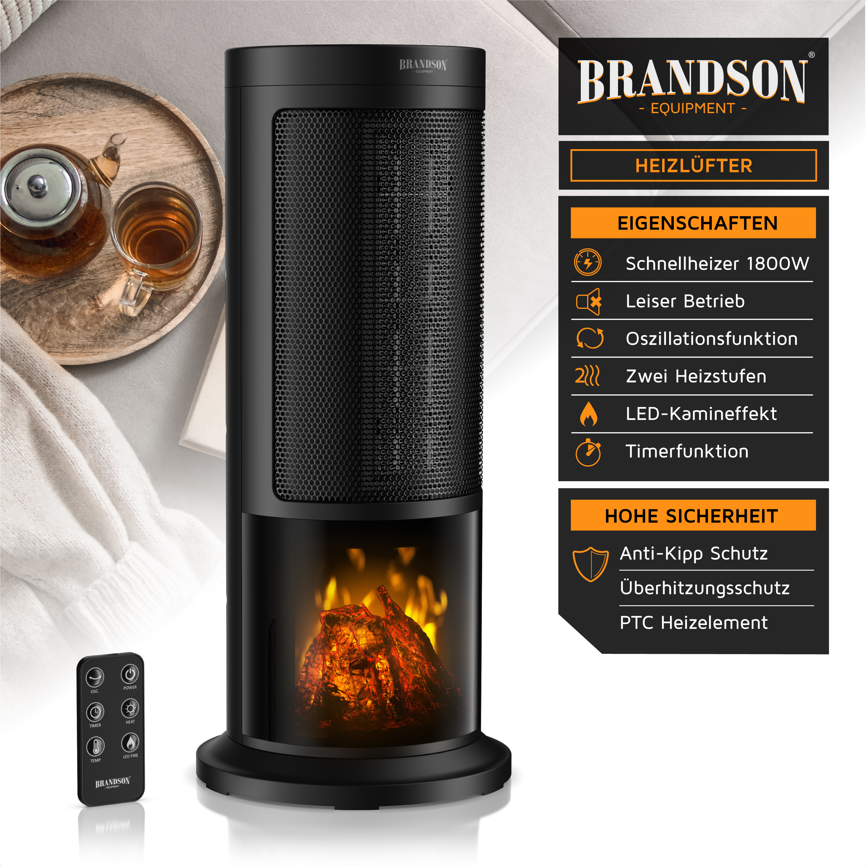 Schwarzer Brandson Heizlüfter mit LED-Kamineffekt, Fernbedienung und Teetablett im Hintergrund.