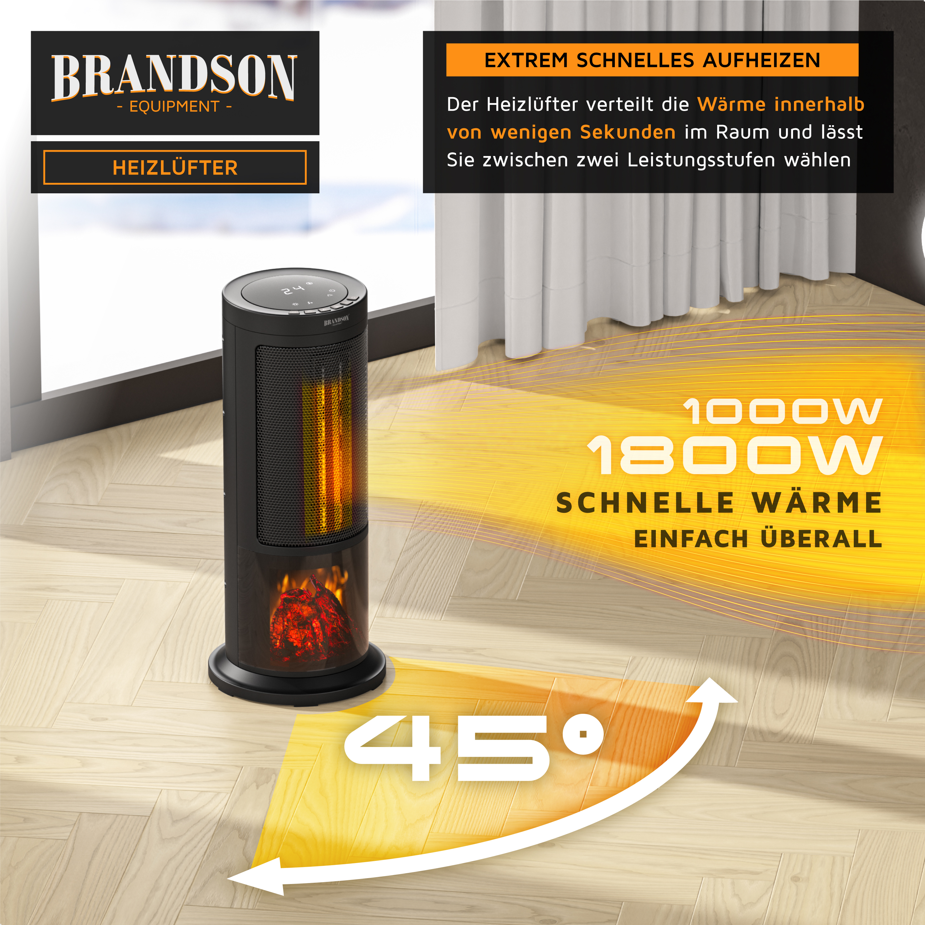 Schwarzer Brandson Heizlüfter mit digitalem Display und simulieren Kaminfeuer auf hellem Holzfußboden.