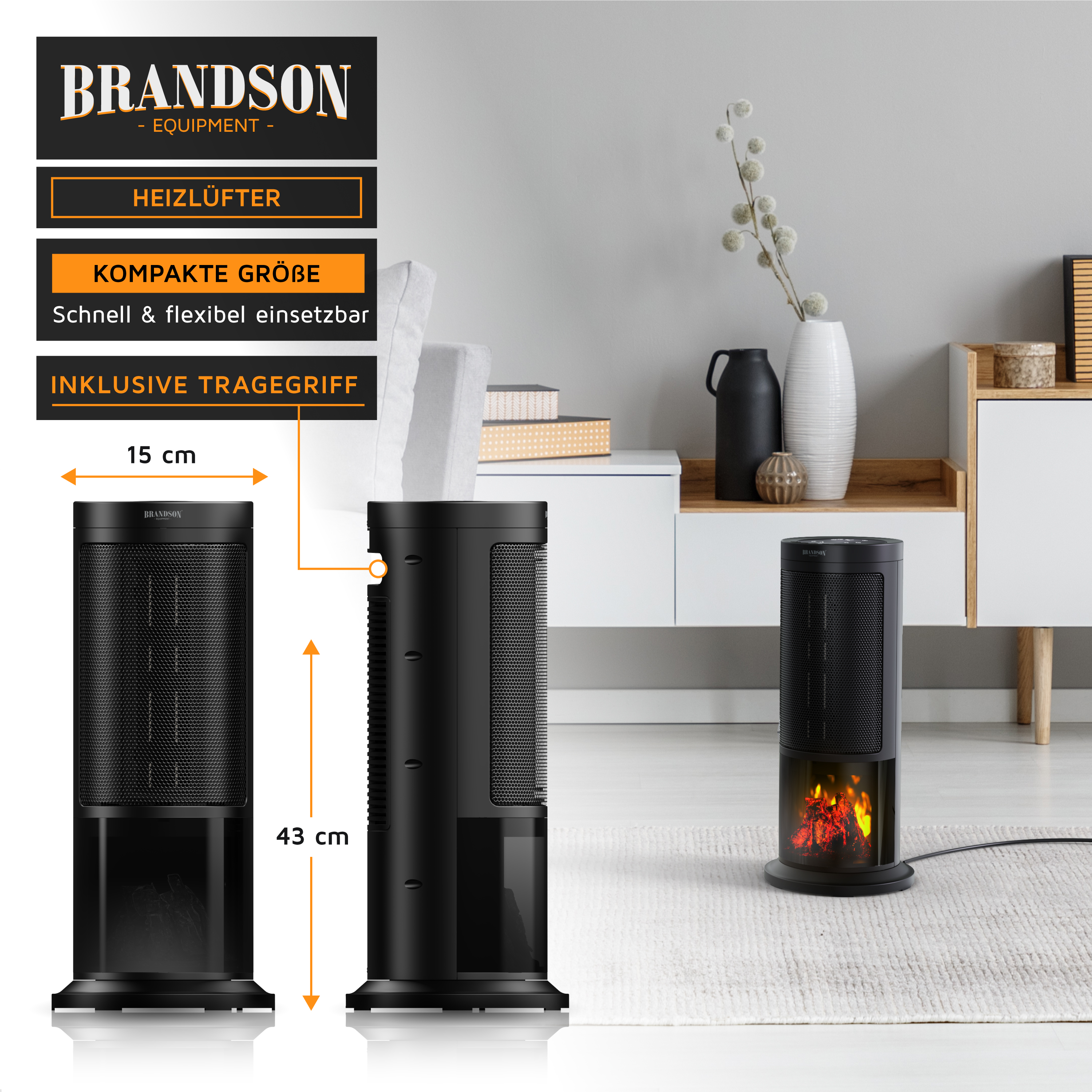 Schwarzer Brandson Heizlüfter mit Flammeneffekt, 15 cm breit und 43 cm hoch, in einem modernen Wohnzimmer.