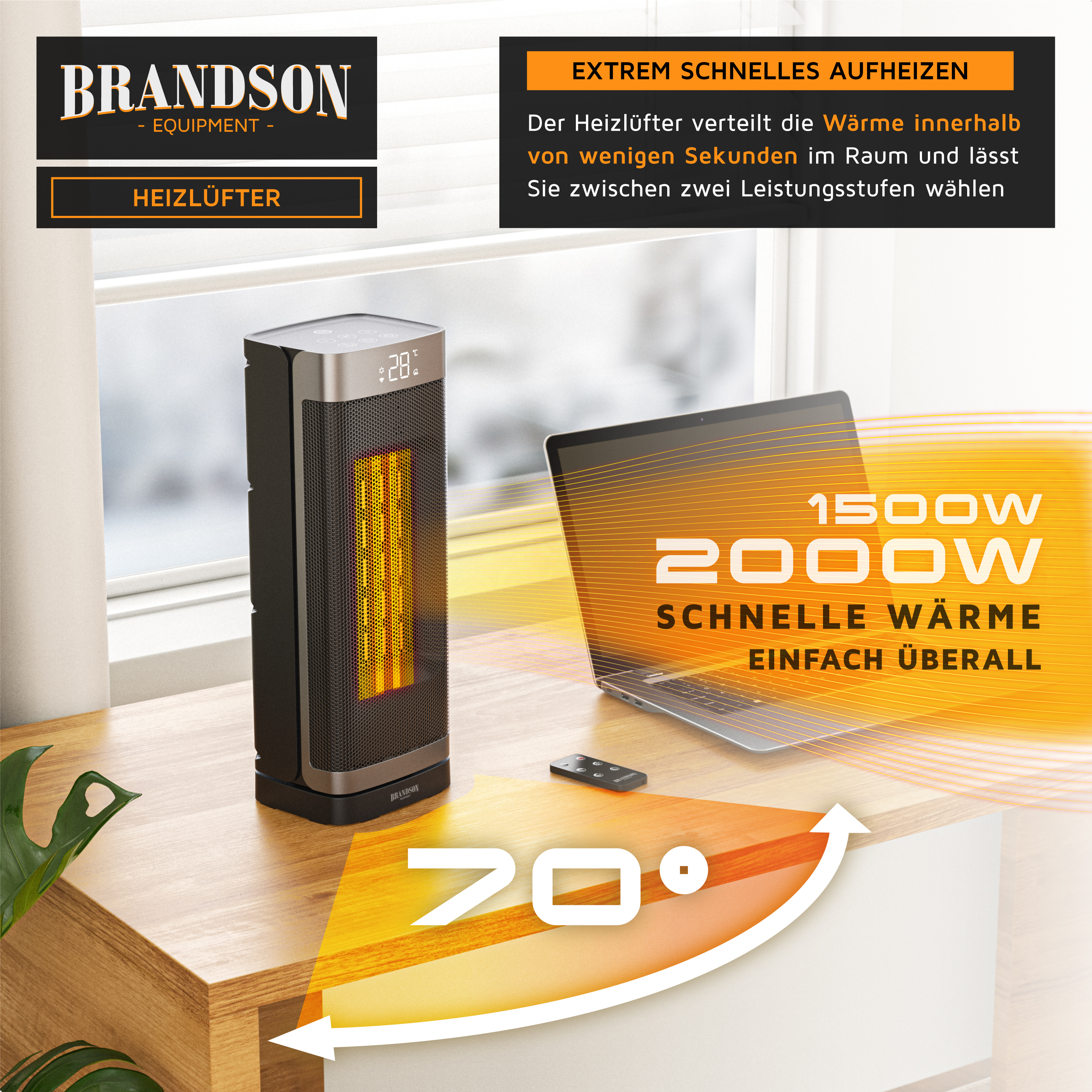 Ein schwarzer Turmheizer mit Digitaldisplay steht auf einem Holztisch neben einem Laptop und einer Fernbedienung.