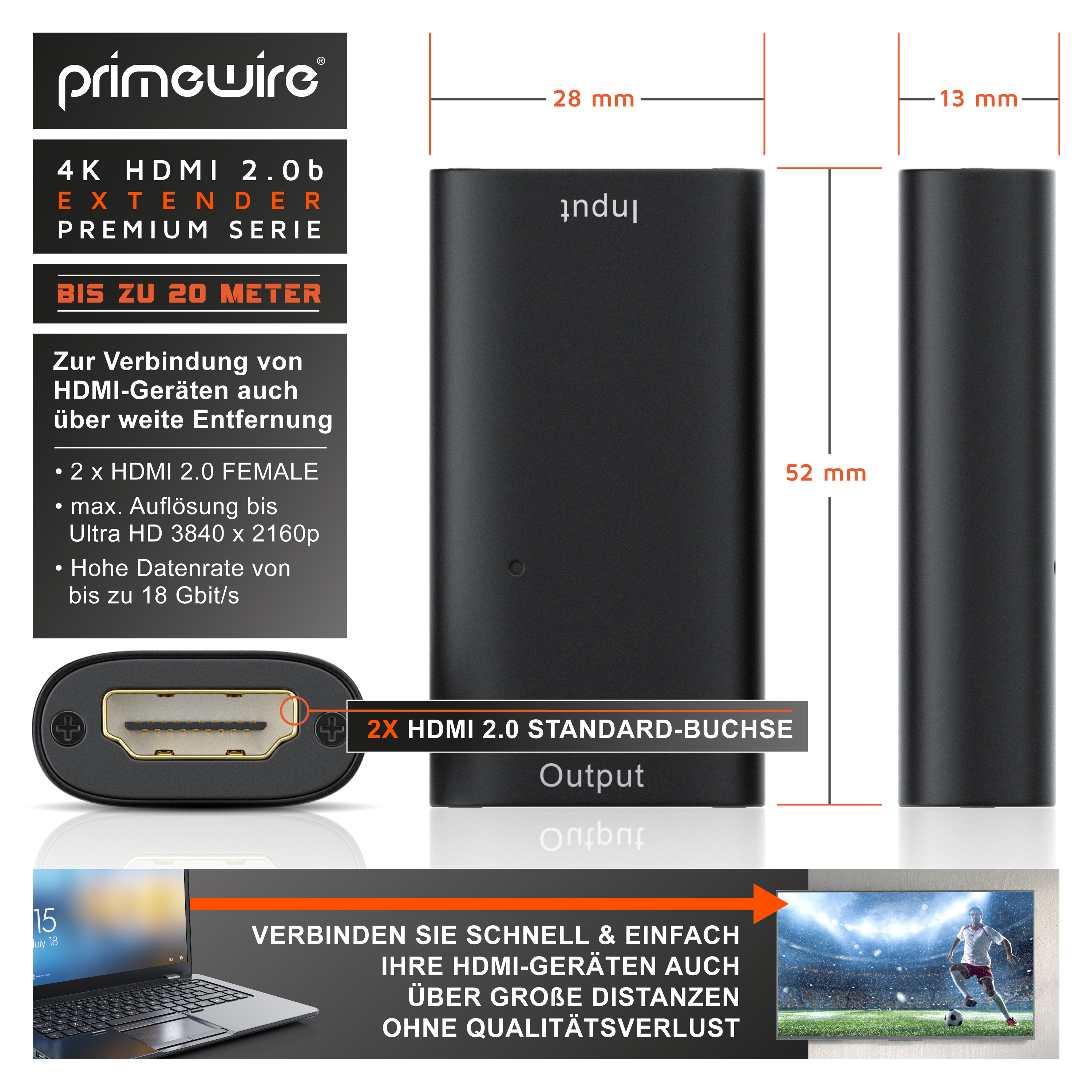 Primewire 4K HDMI Extender mit Maßen, Anschlüssen und technischen Daten auf weißem Hintergrund.
