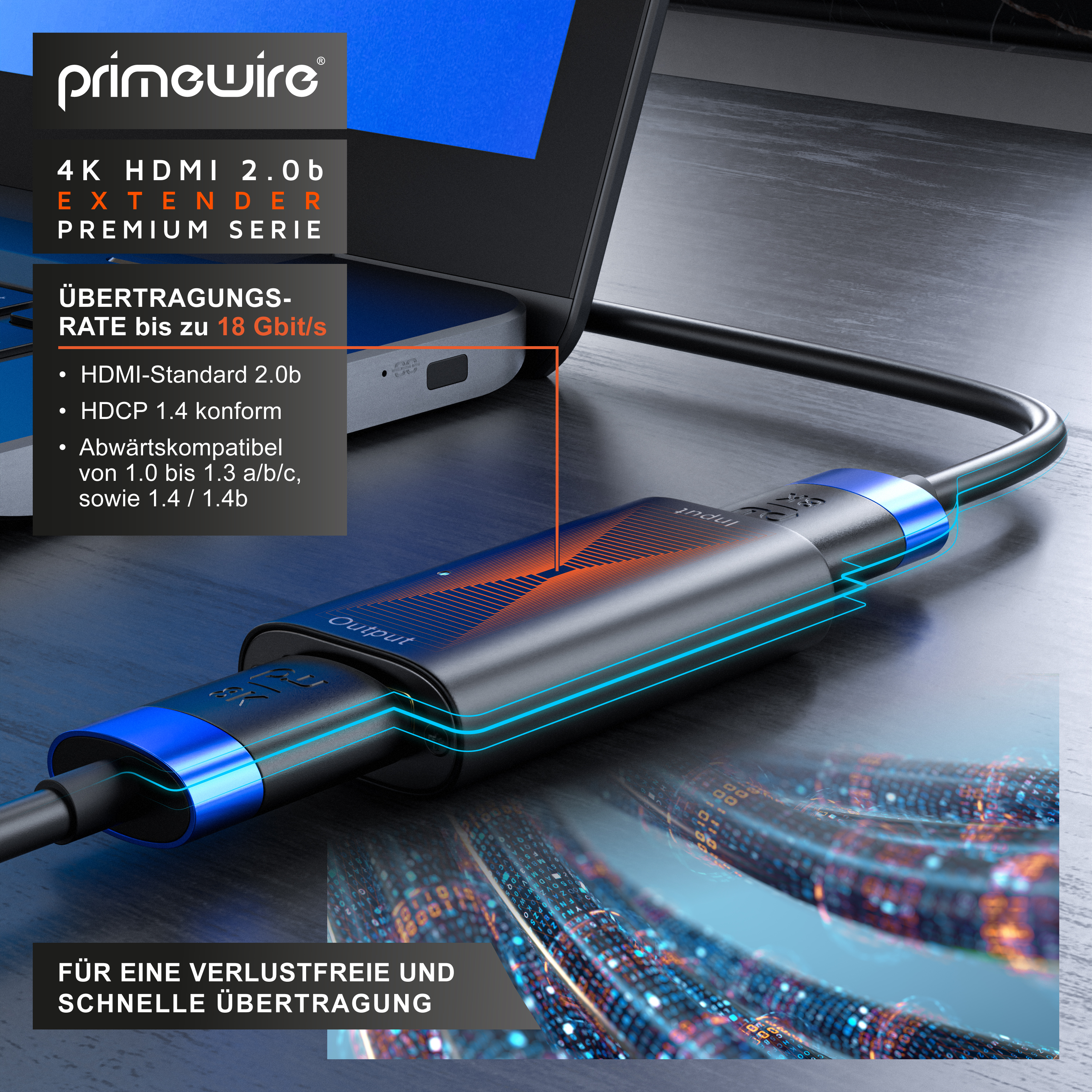 Primevire 4K HDMI 2.0b Extender angeschlossen an einen Laptop, mit Kabeln und Grafiken.