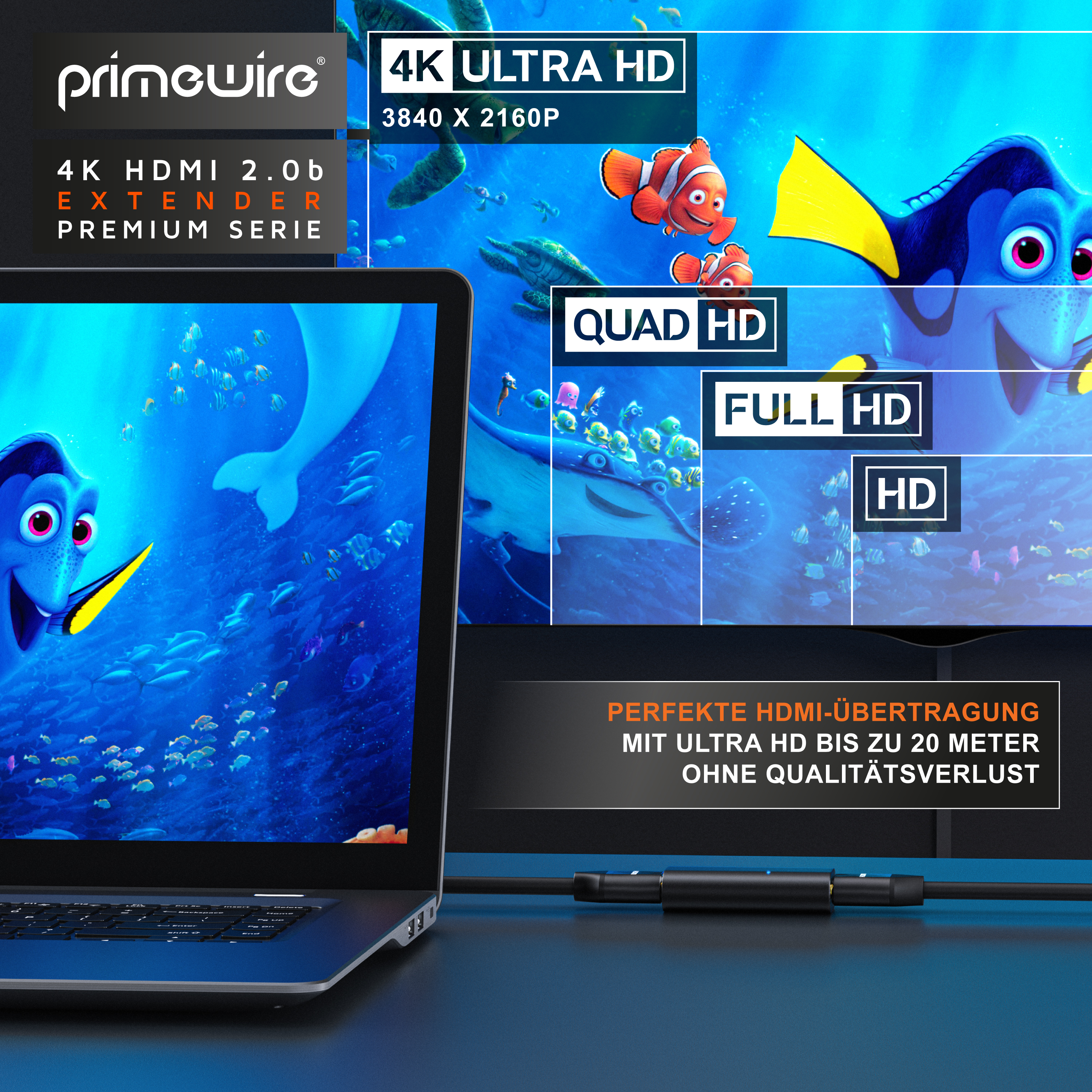 Primewire HDMI Extender zeigt Unterwasserszene auf Laptop und TV in 4K Ultra HD.