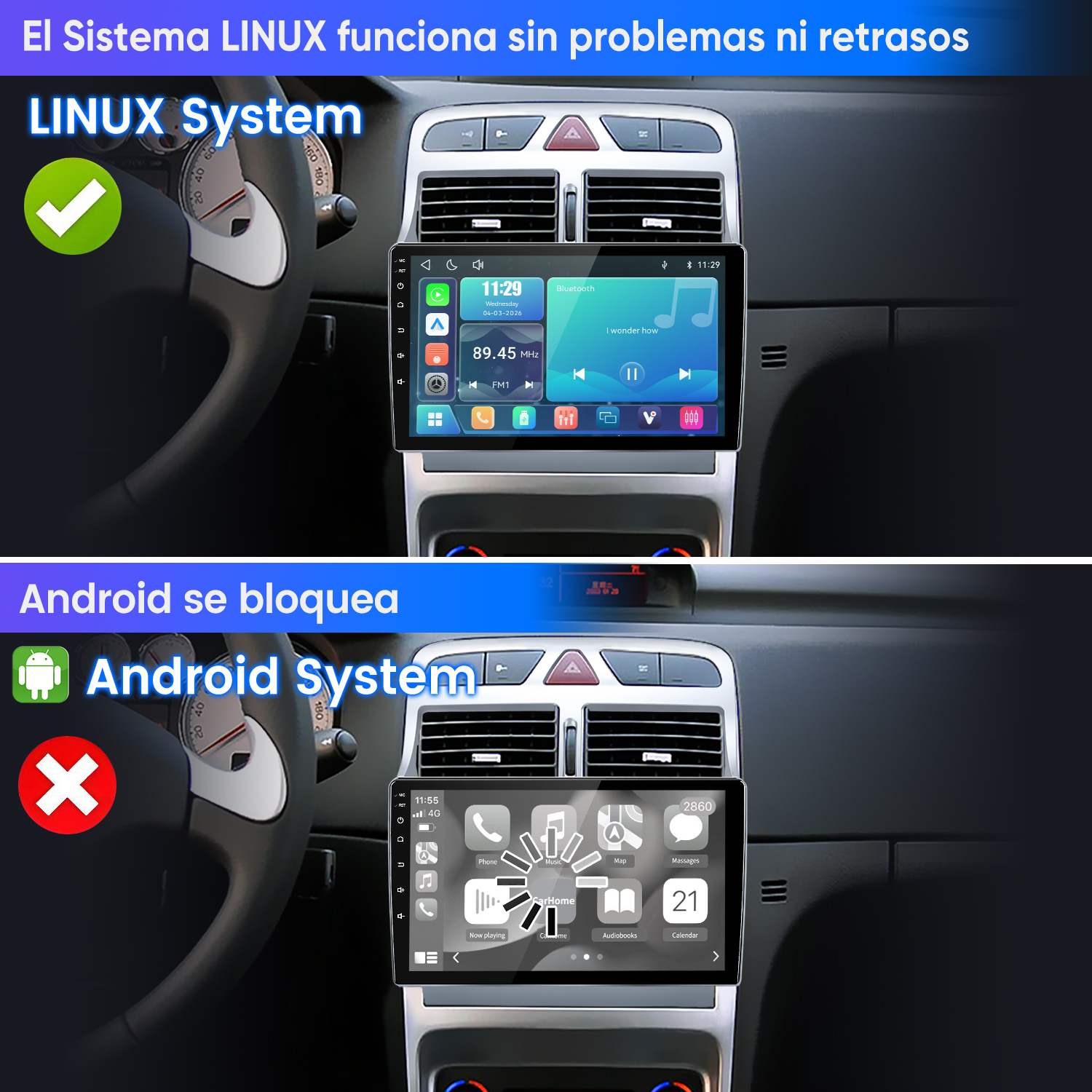Comparación de pantallas: el sistema Linux con tic verde funciona fluido, el sistema Android con cruz roja se bloquea.