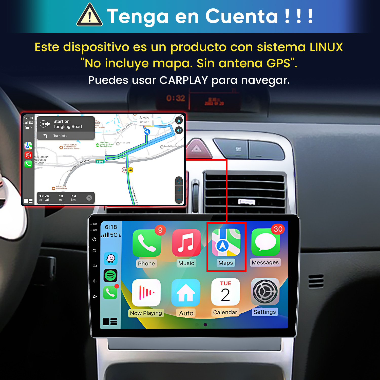 Autoradio Linux con navegación CarPlay, iconos de aplicaciones y texto de advertencia.