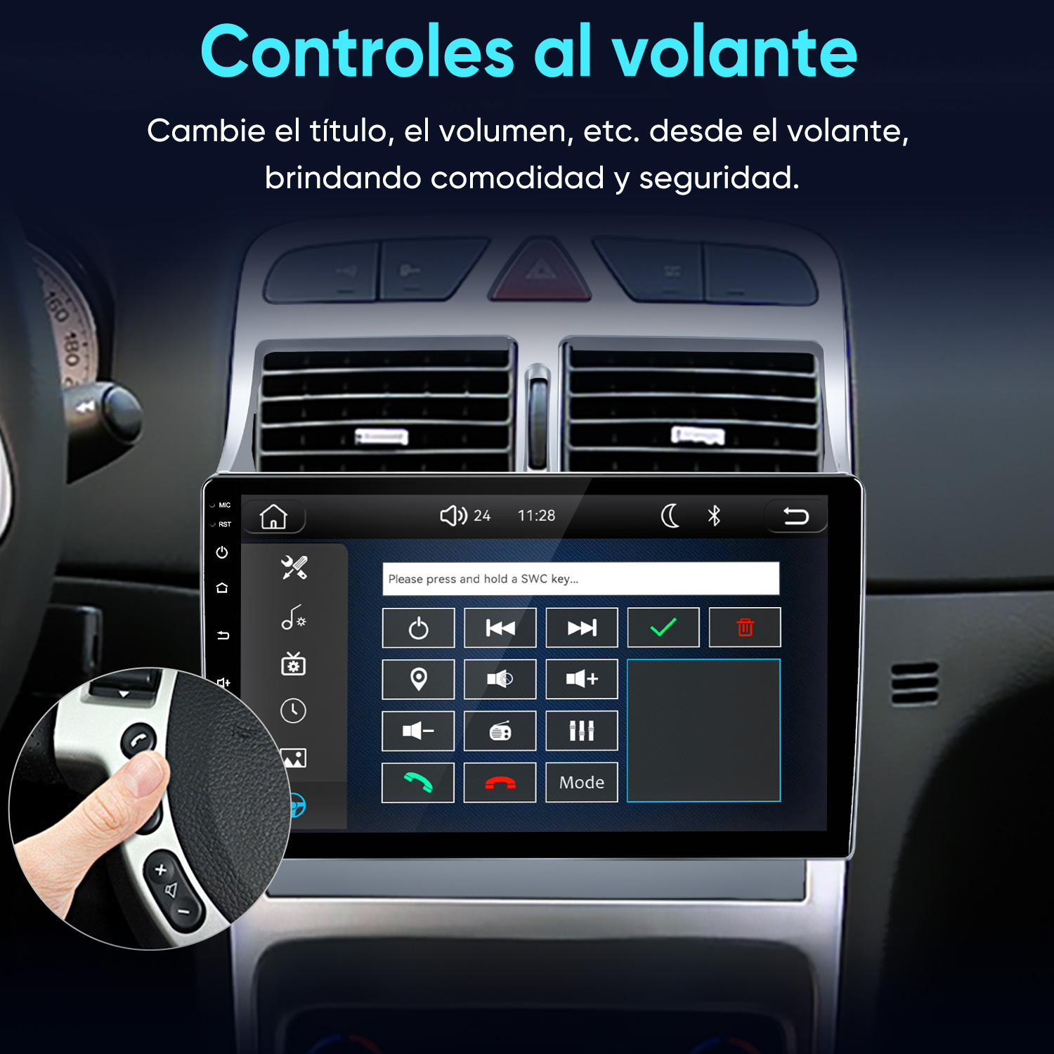 Interior de auto con pantalla táctil para controles al volante y configuración.
