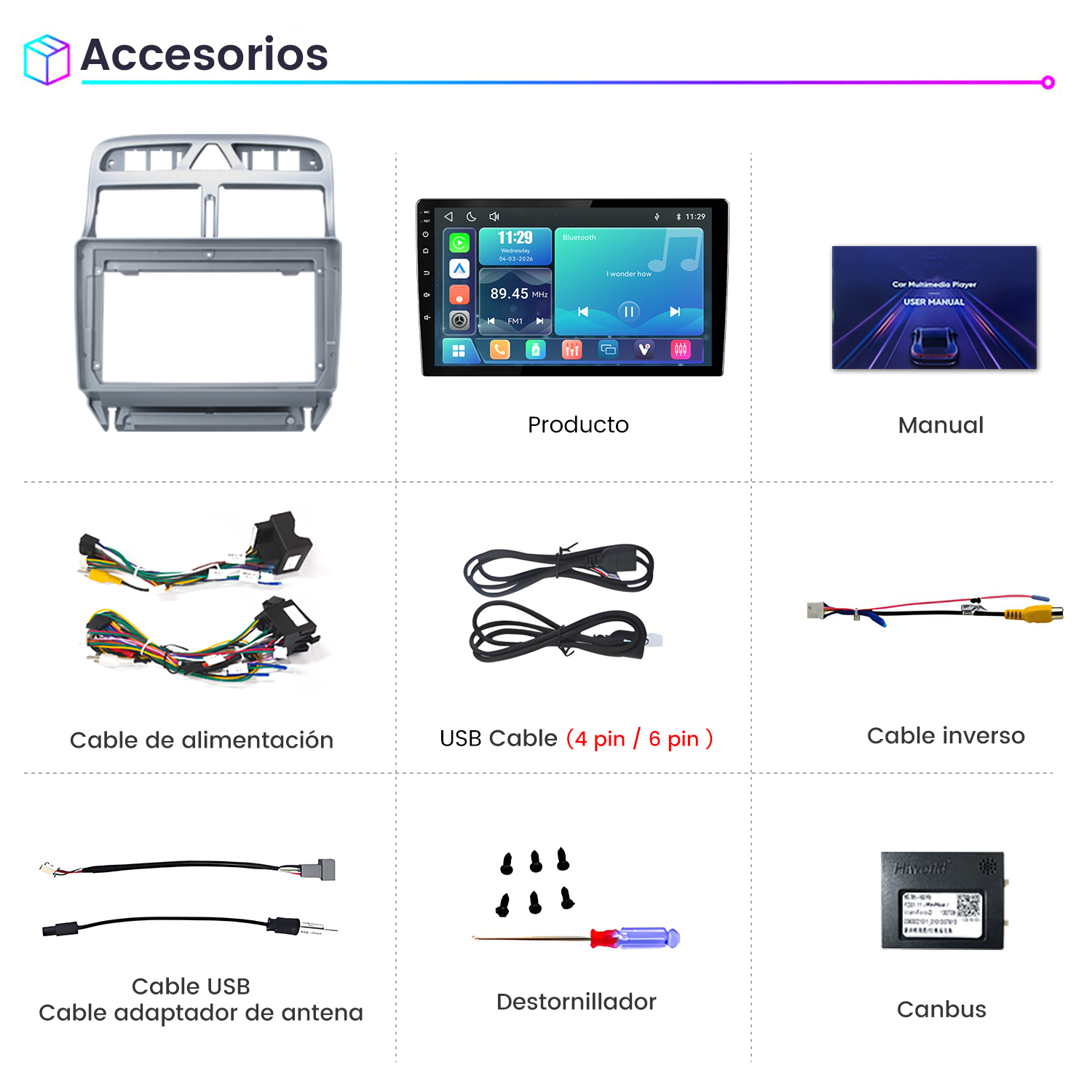 Resumen de accesorios para sistema multimedia de coche con marco, pantalla, cables, manual y herramientas.