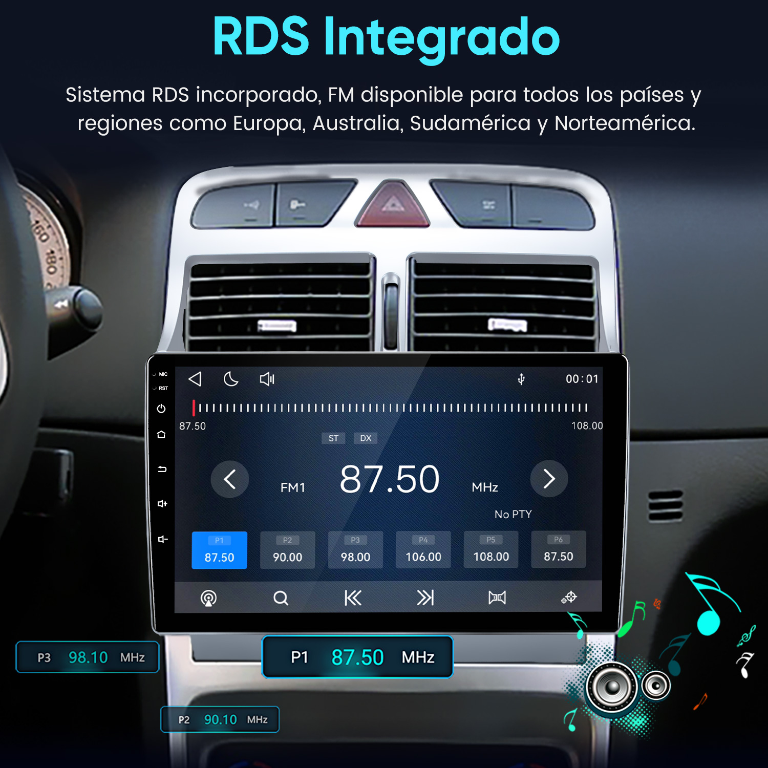 Autorradio con pantalla táctil y sintonizador de radio FM en un salpicadero.