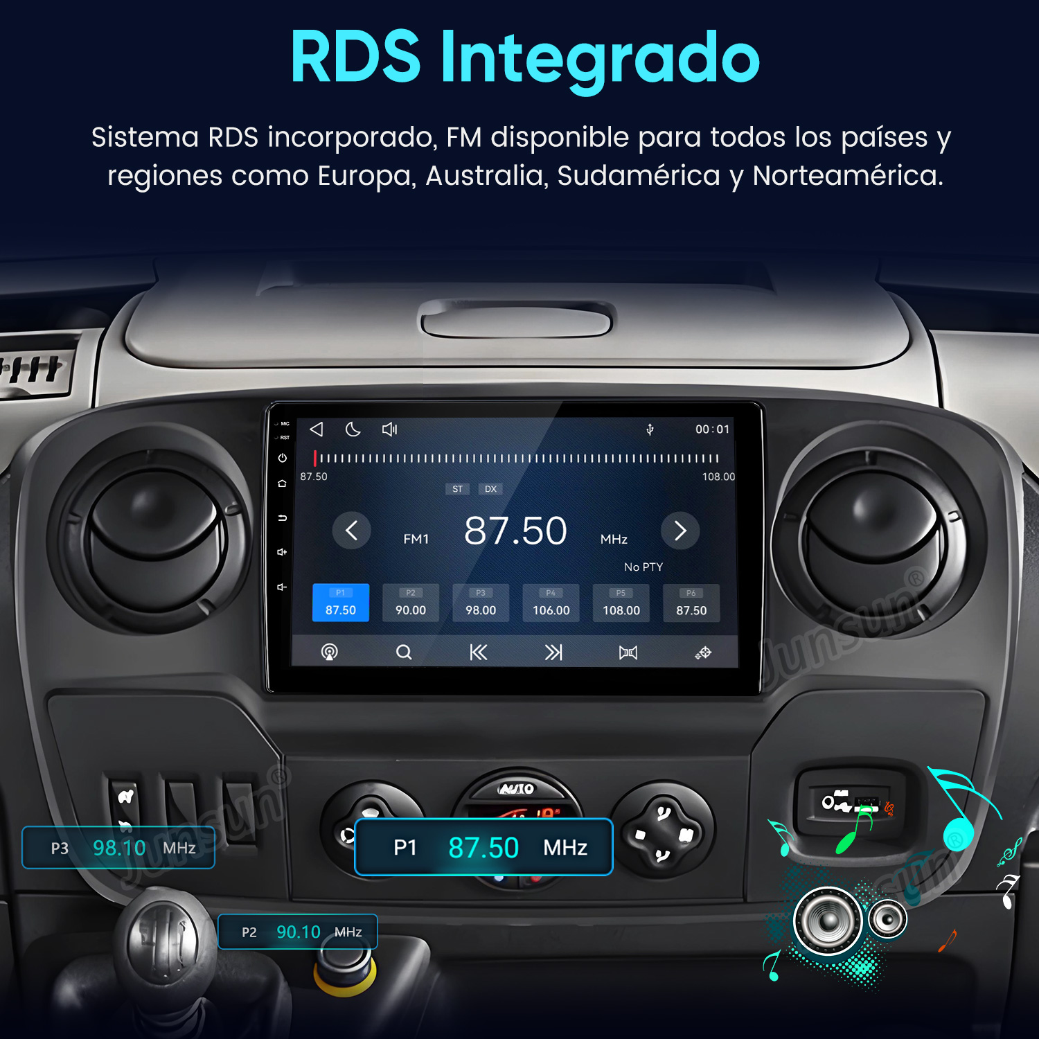 Un sistema de audio para coche en el salpicadero muestra la frecuencia FM 87,50 MHz y RDS integrado.