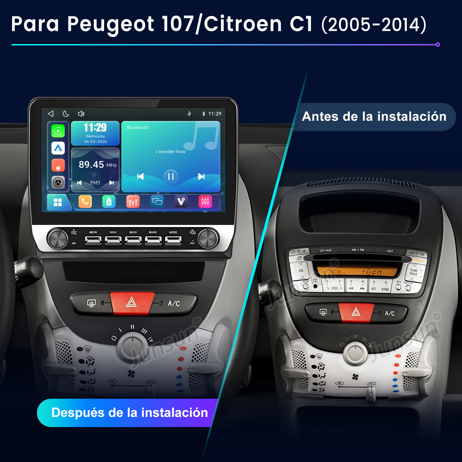 Comparación del interior de un coche antes y después de instalar una radio táctil.