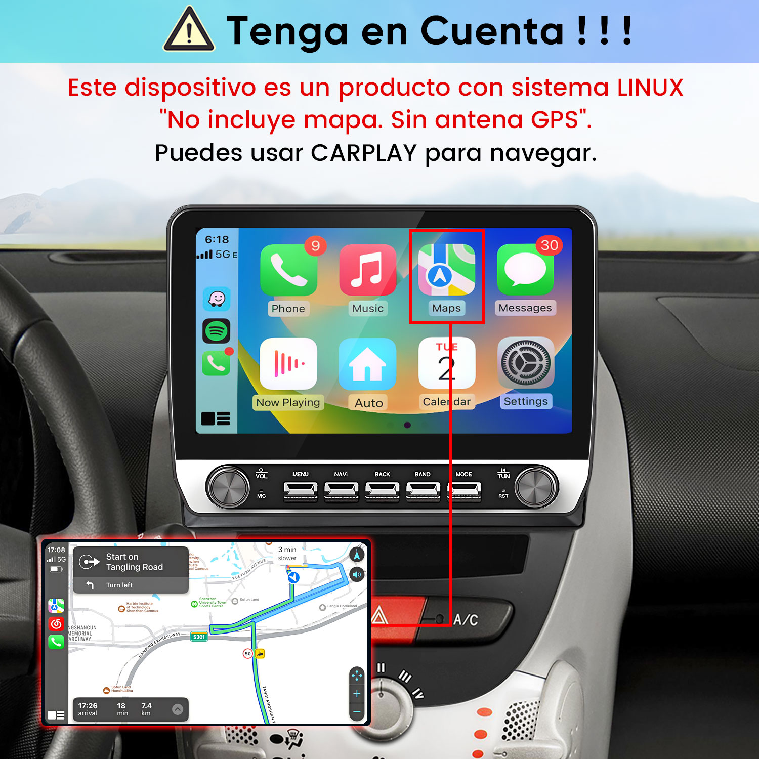 Sistema multimedia de coche con mapa e iconos, y texto en español advirtiendo sobre Linux y sin GPS.