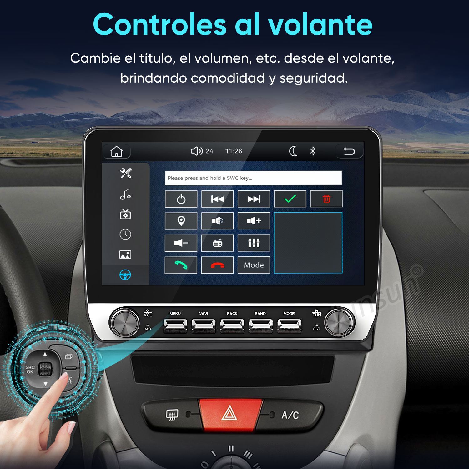 Interior de coche con sistema de infoentretenimiento táctil y control en el volante.