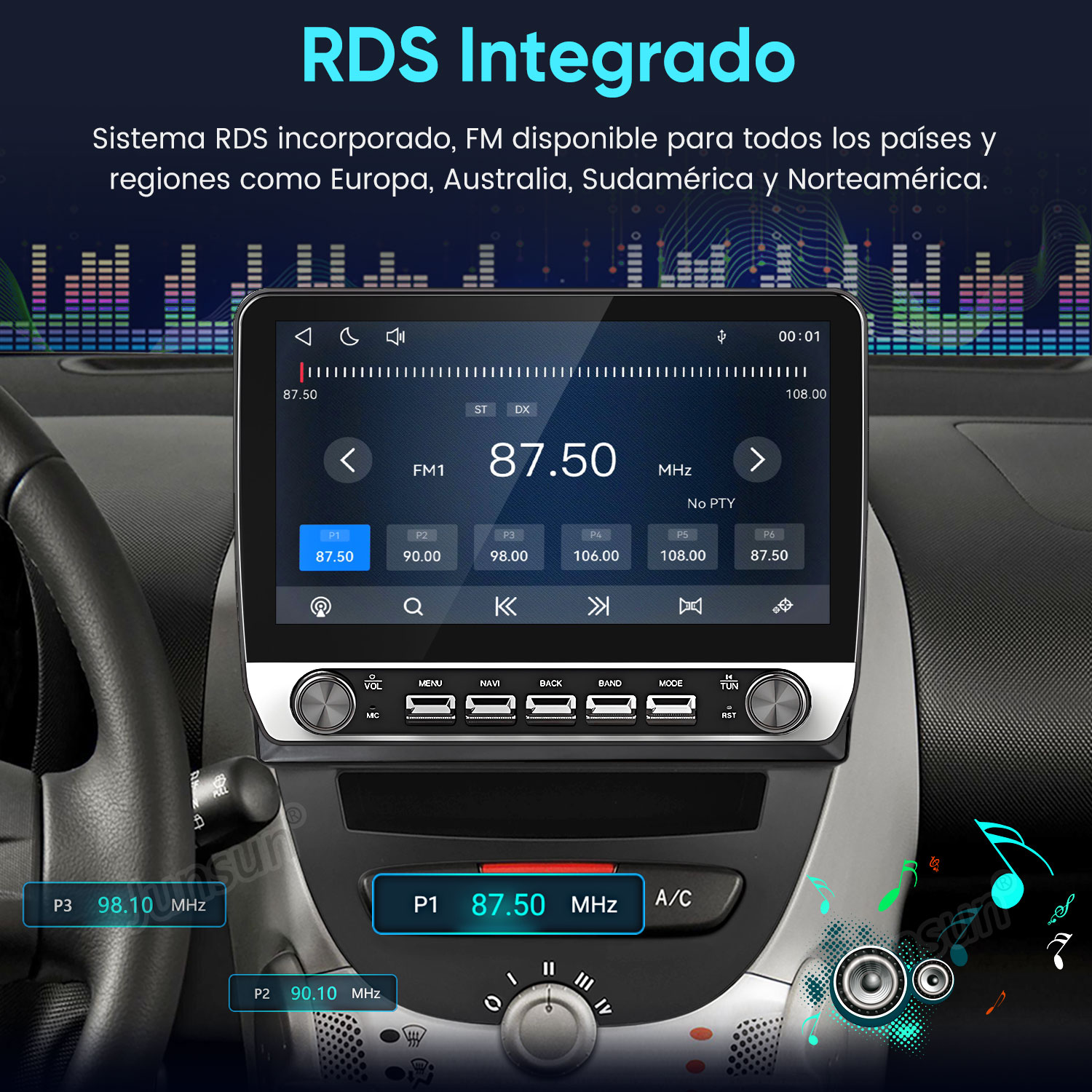 Radio con pantalla táctil en coche mostrando FM 87.50 MHz con ecualizador y notas musicales de fondo.