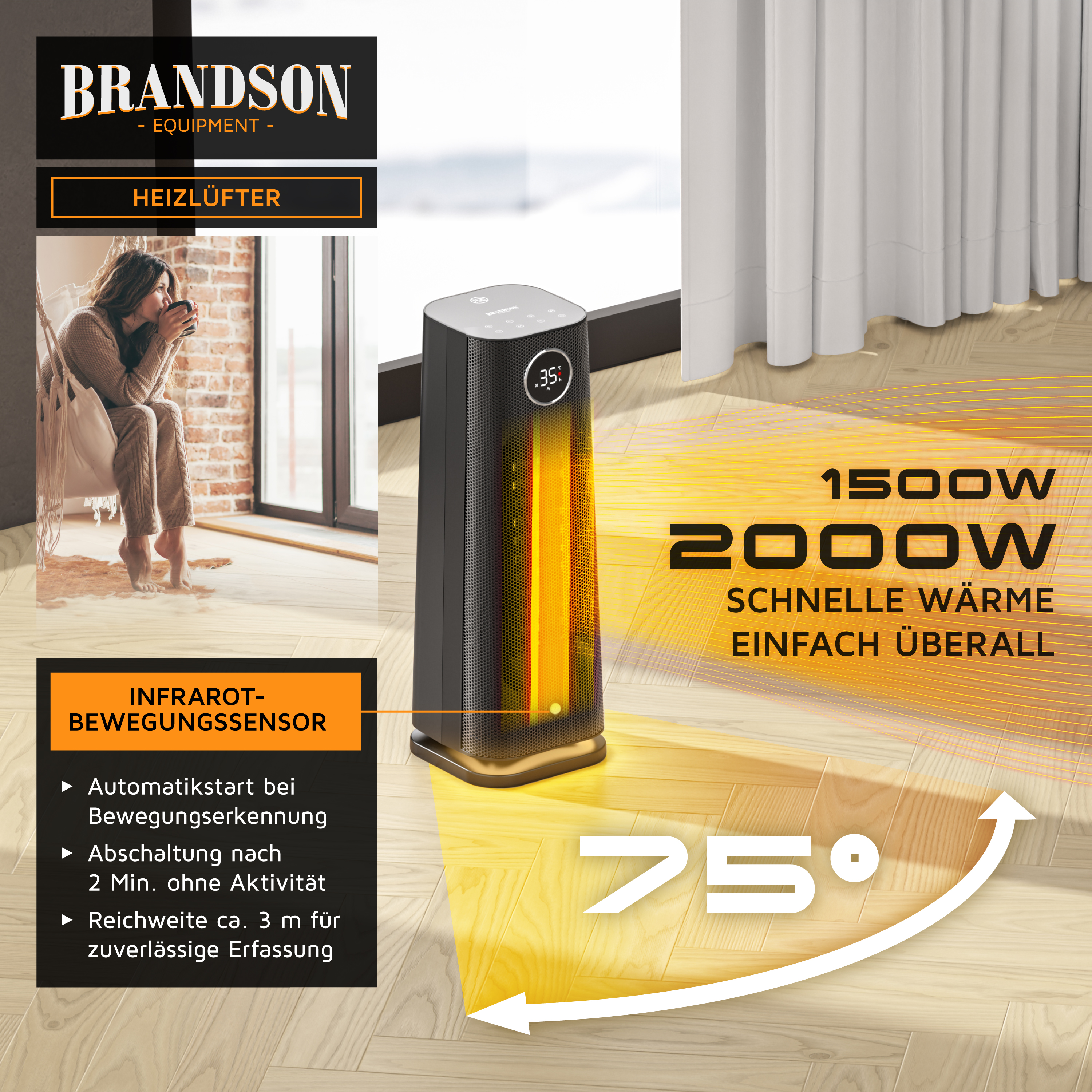 Brandson Heizlüfter mit Infrarot-Bewegungssensor, 1500W-2000W Leistung und 75 Grad Oszillation.