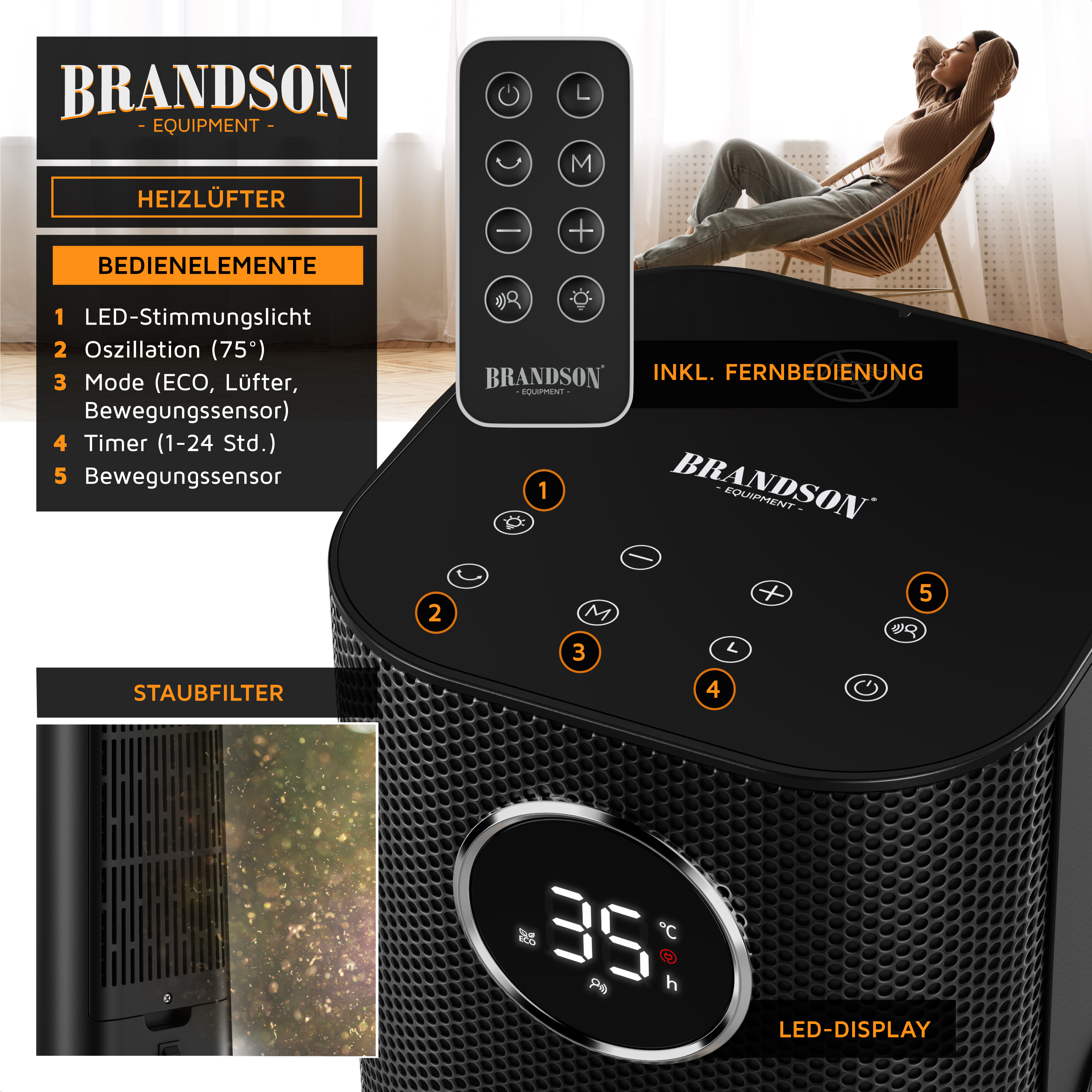 Brandson Heizlüfter mit LED-Display, Fernbedienung, Bedienelementen und Staubfilter für gemütliche Wärme.