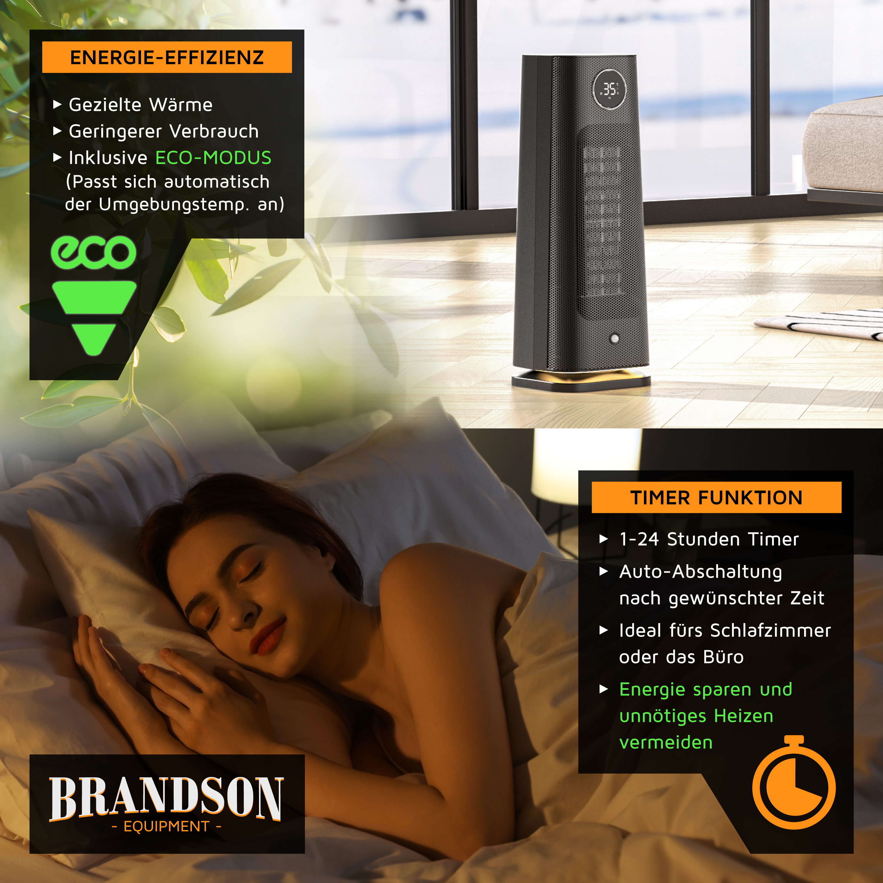 Brandson Turmventilator mit Eco-Modus und Timer im modernen Raum, unten schläft eine Frau friedlich im Bett.