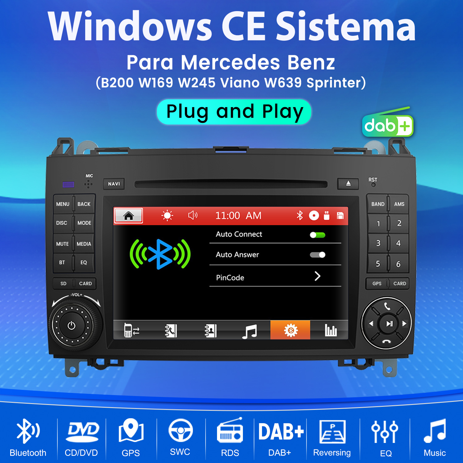 Autorradio para Mercedes Benz con Windows CE y menú Bluetooth en pantalla.